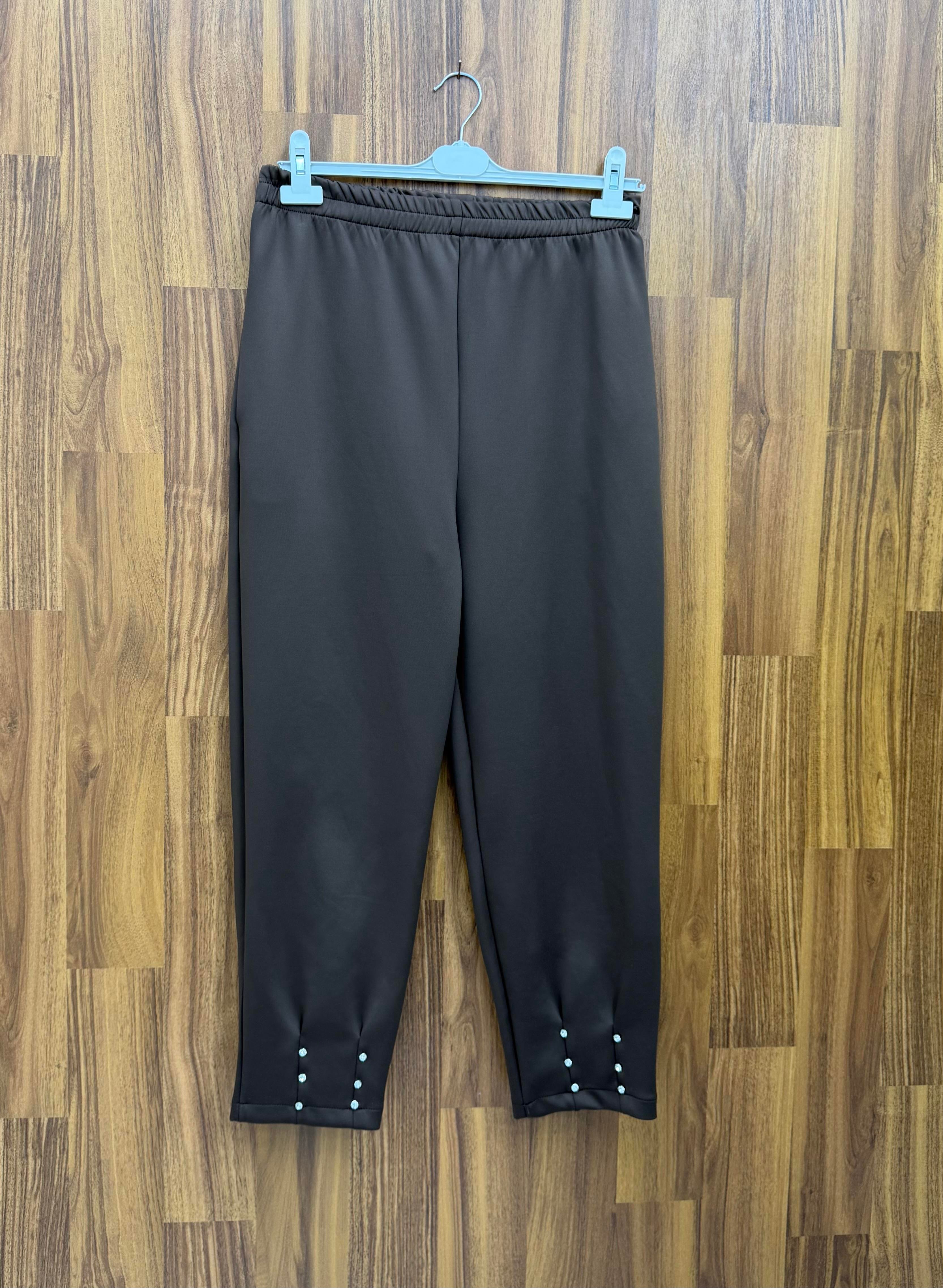 Pilise Scuba Kumaş  Paçası Taşlı Pantalon Kahve  9525 