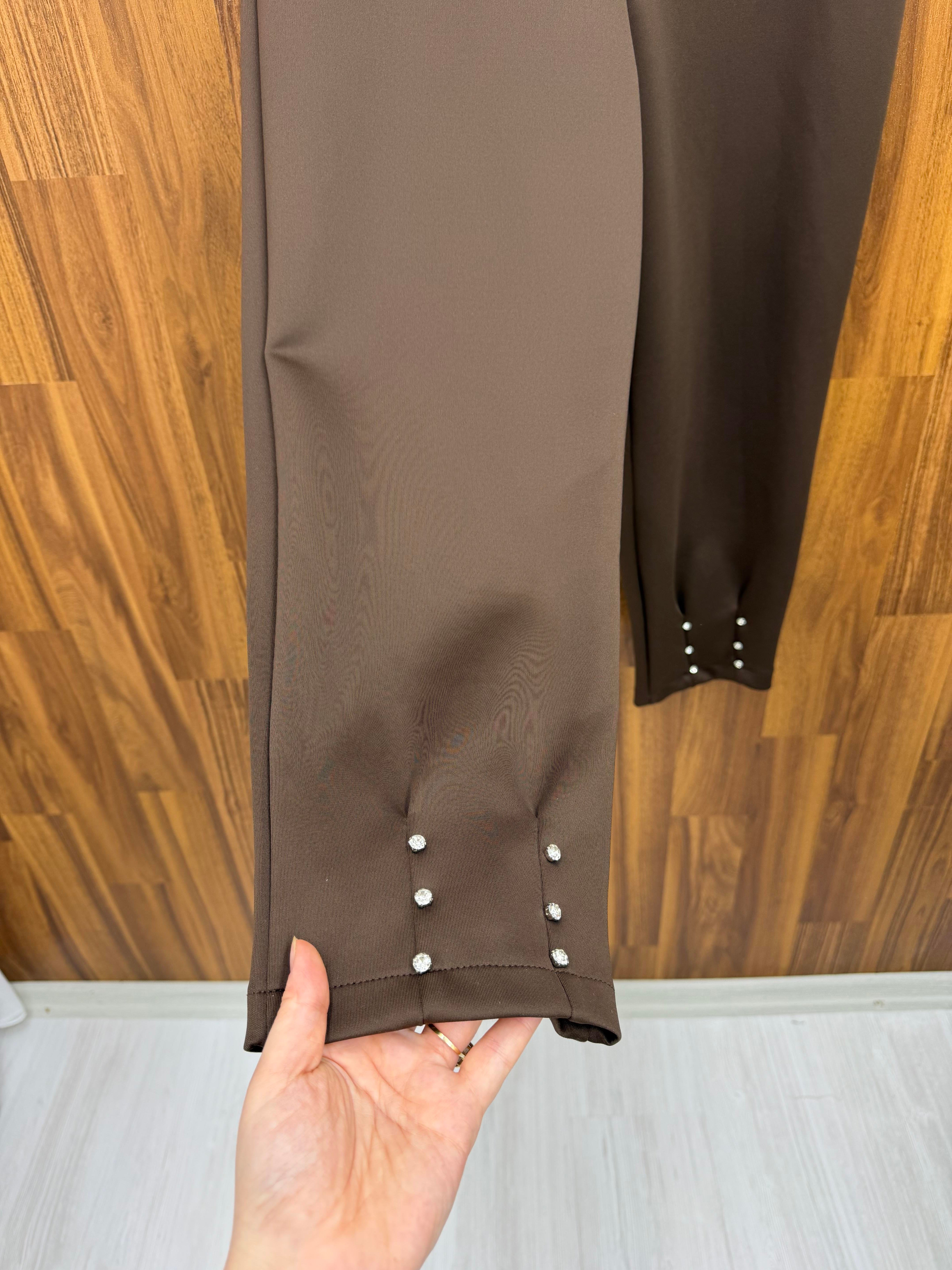 Pilise Scuba Kumaş  Paçası Taşlı Pantalon Kahve  9525 