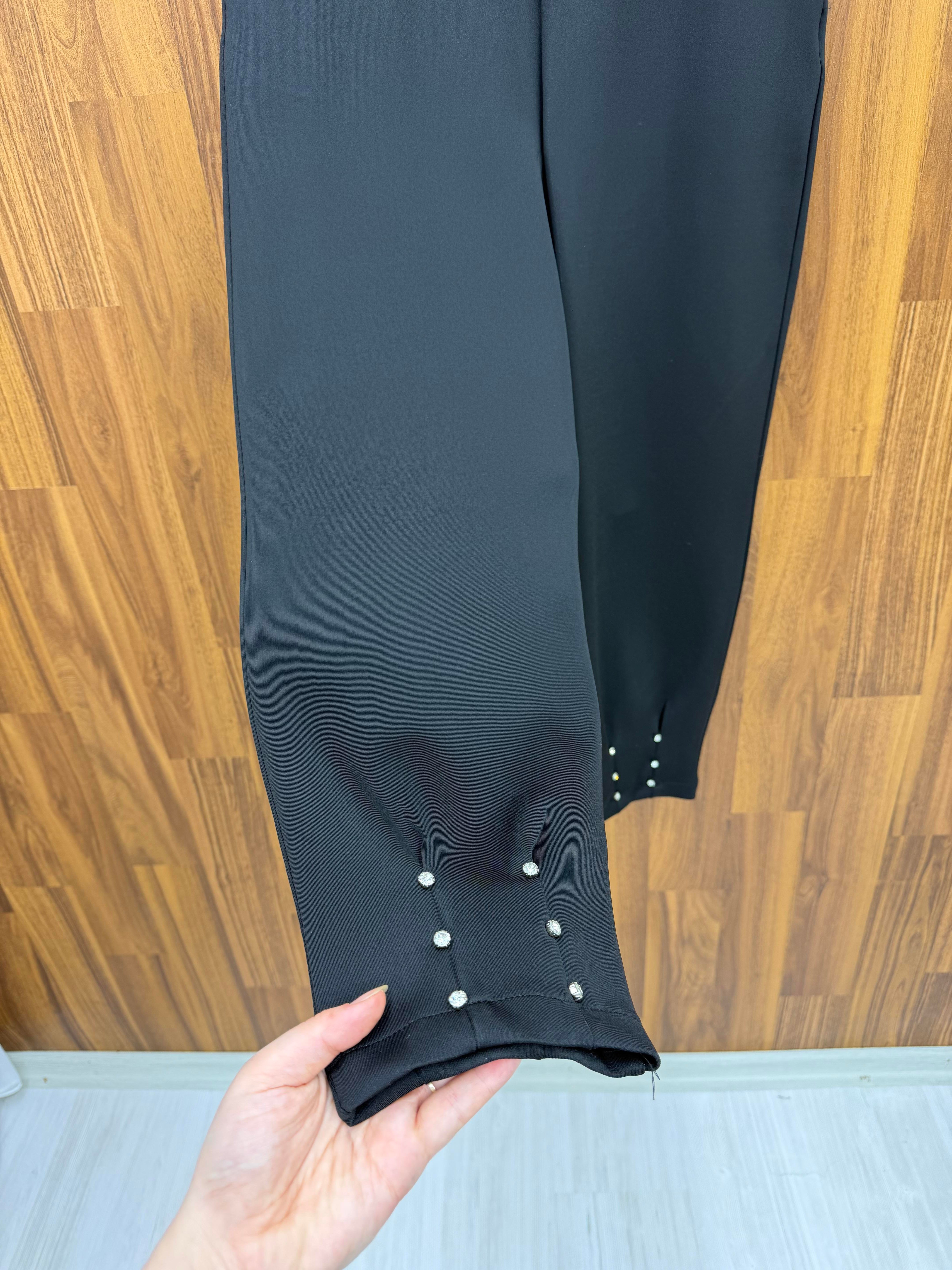 Pilise Scuba Kumaş  Paçası Taşlı Pantalon Siyah 9525 