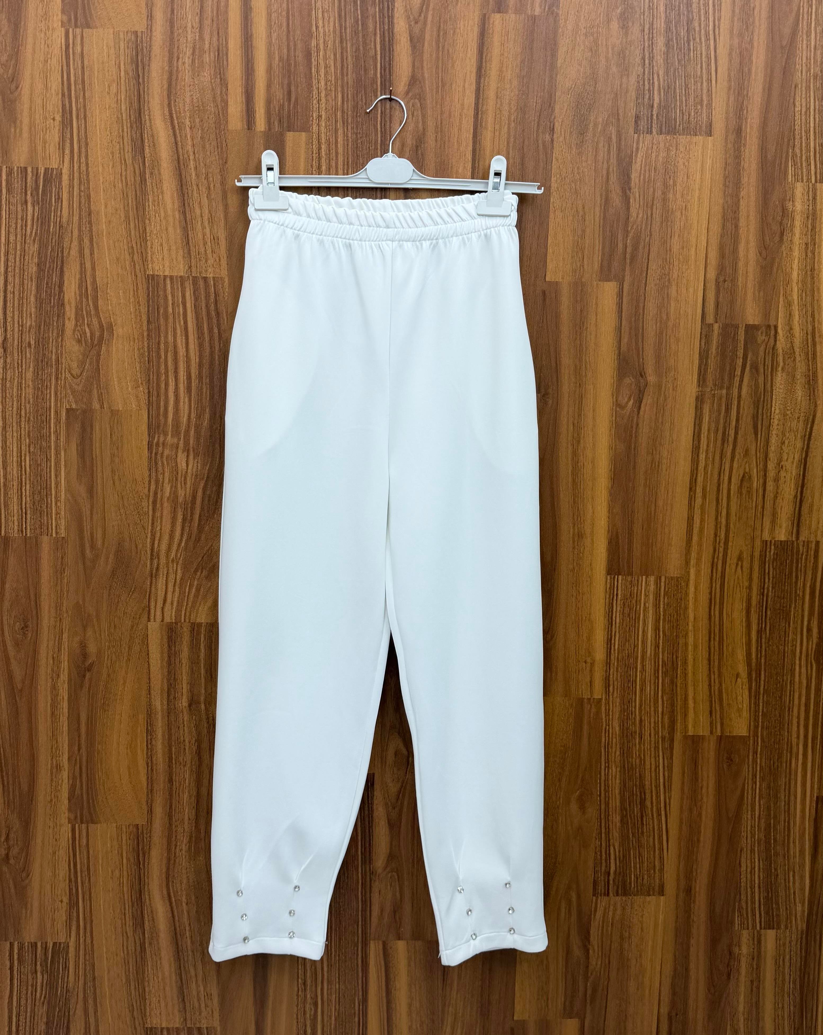 Pilise Scuba Kumaş  Paçası Taşlı Pantalon Beyaz  9525 