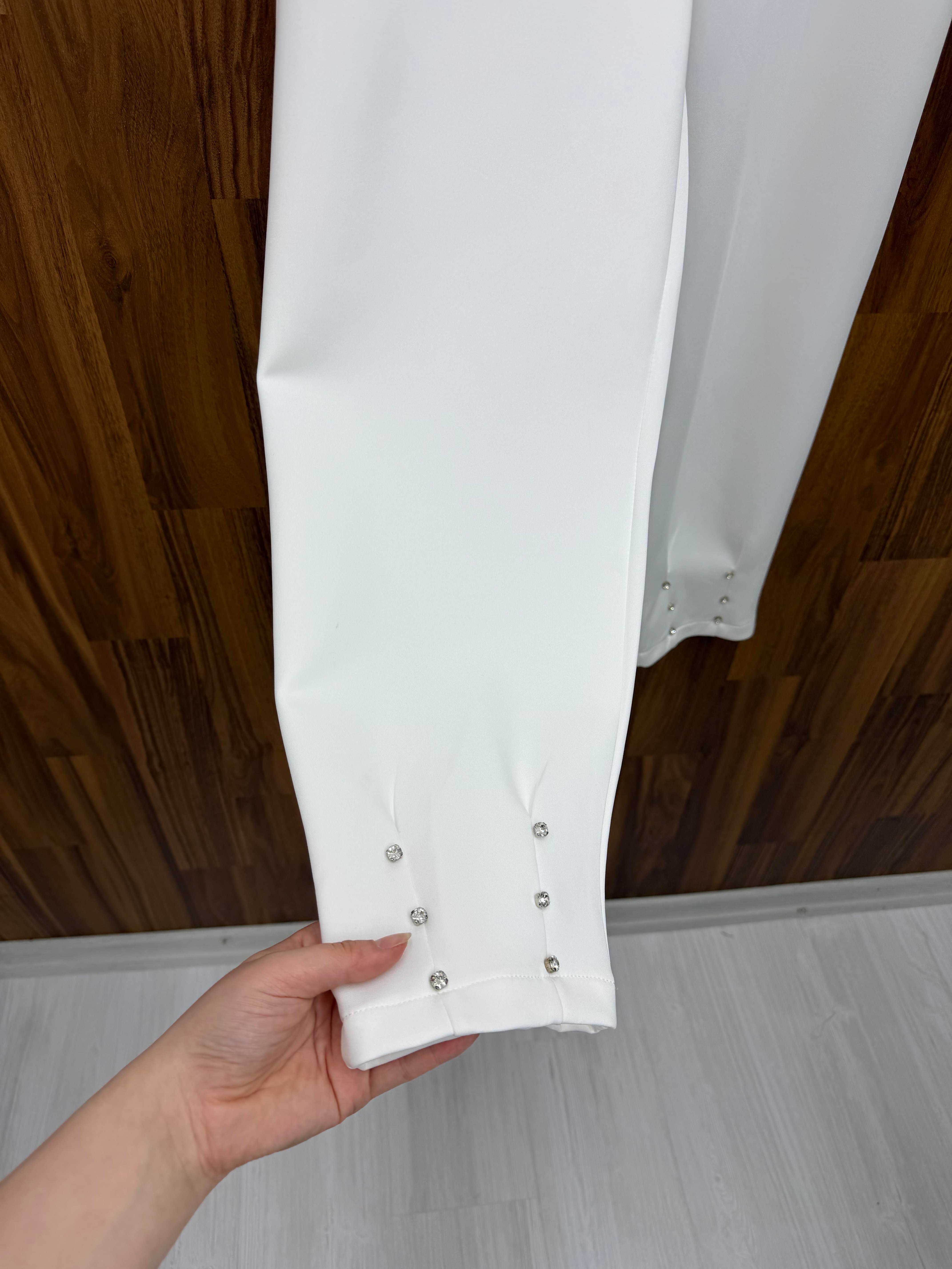 Pilise Scuba Kumaş  Paçası Taşlı Pantalon Beyaz  9525 