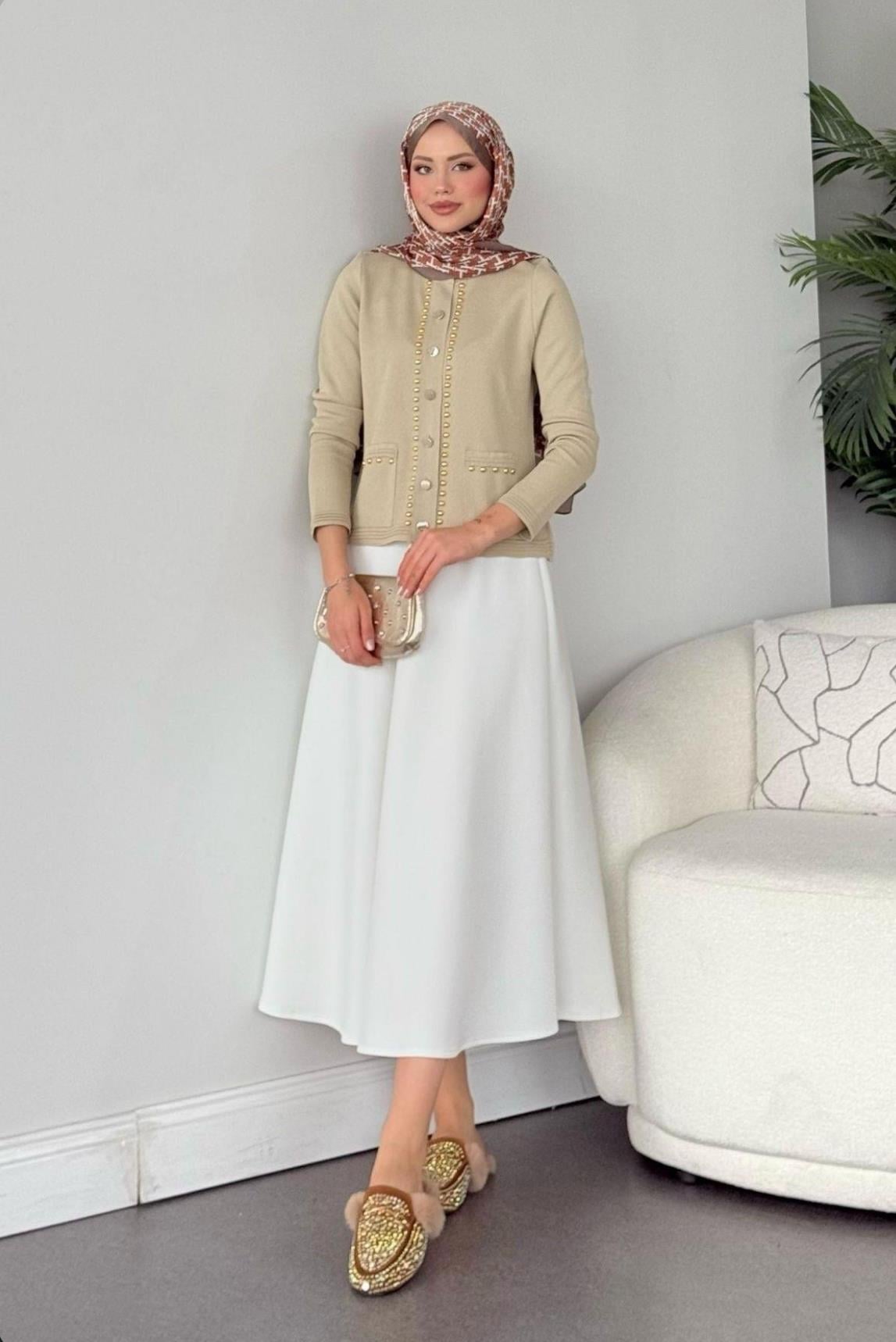 Almira Taşlı Hırka Bej 