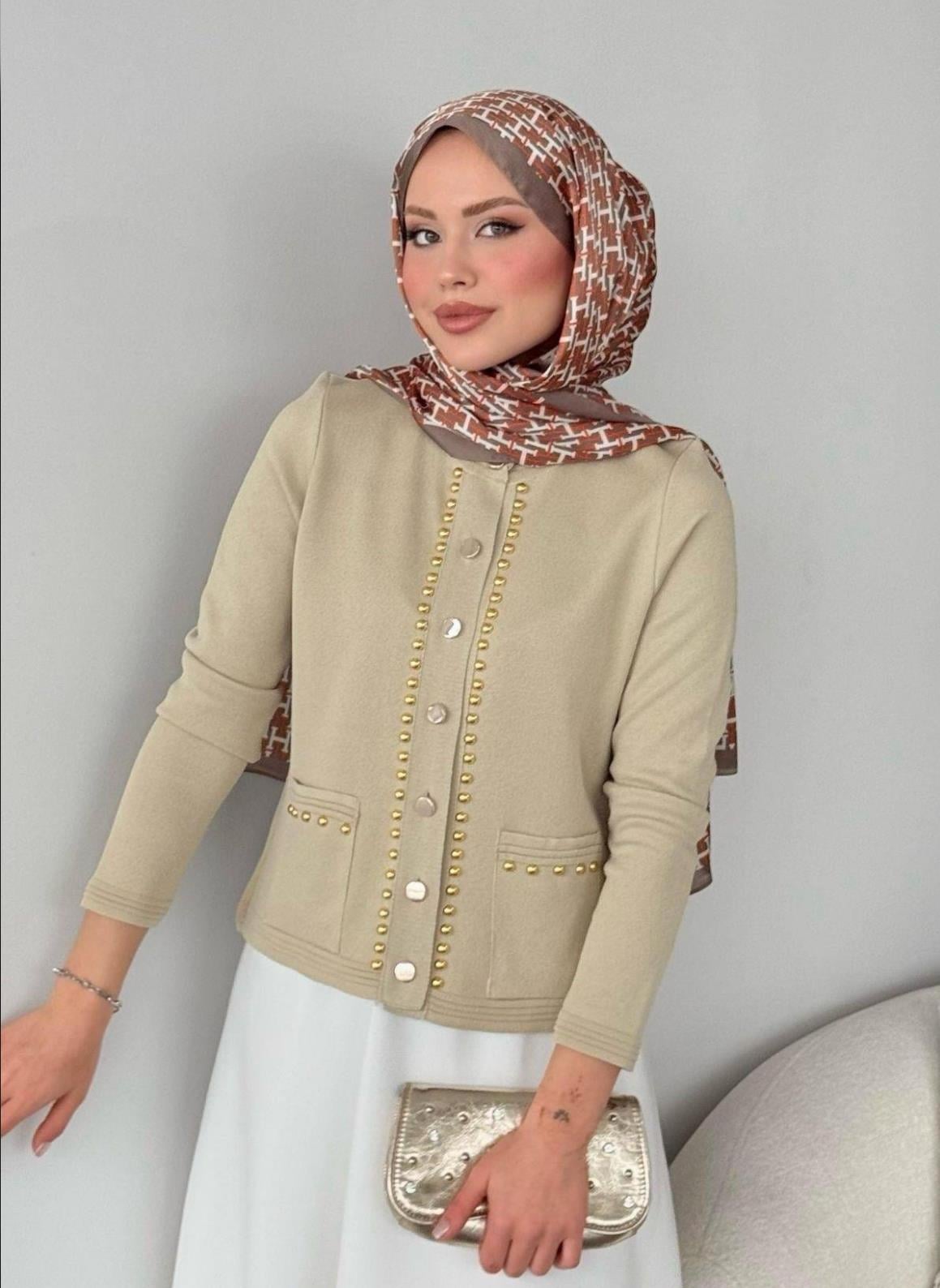 Almira Taşlı Hırka Bej 