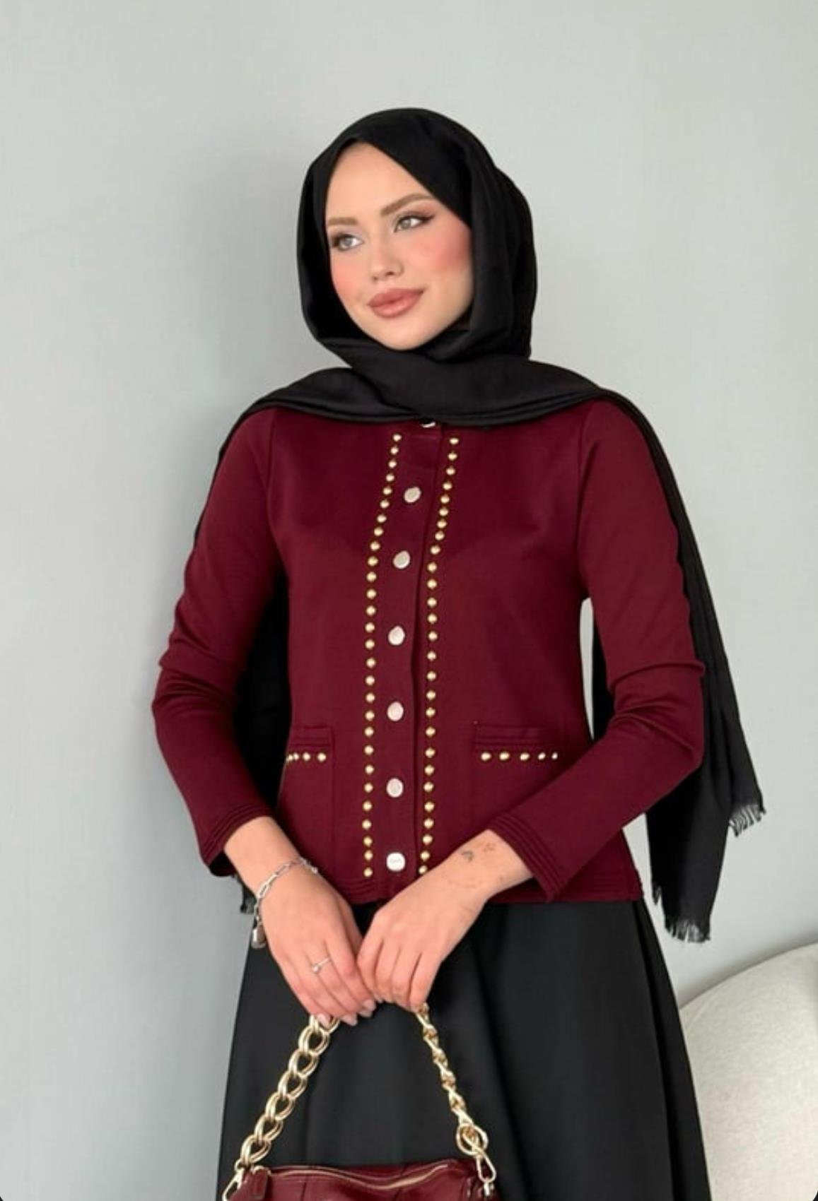 Almira Taşlı Hırka Bordo