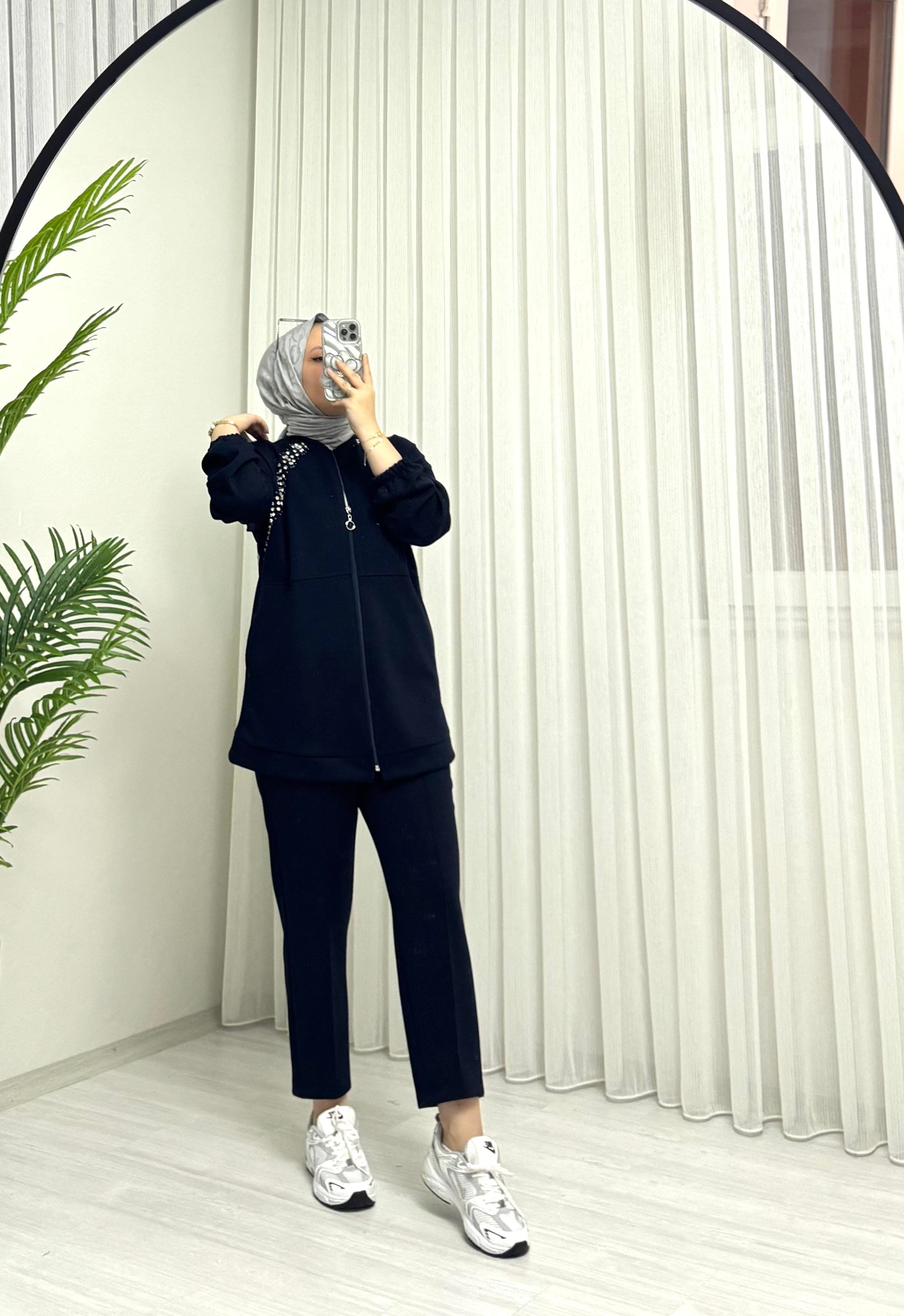 Aya Store Fermuarlı Taş İşlemeli Takım Lacivert 