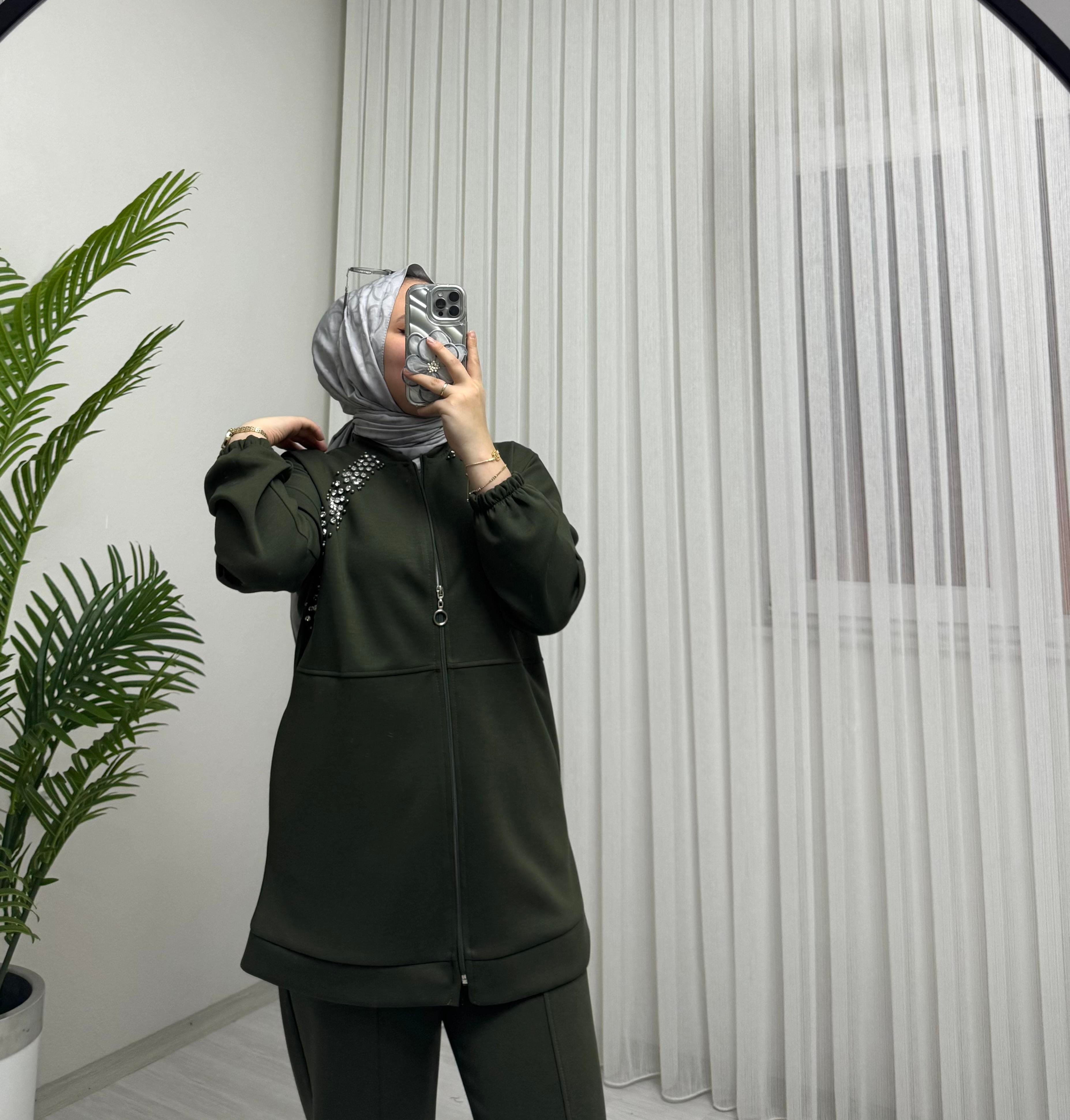 Aya Store Fermuarlı Taş İşlemeli Takım Haki 