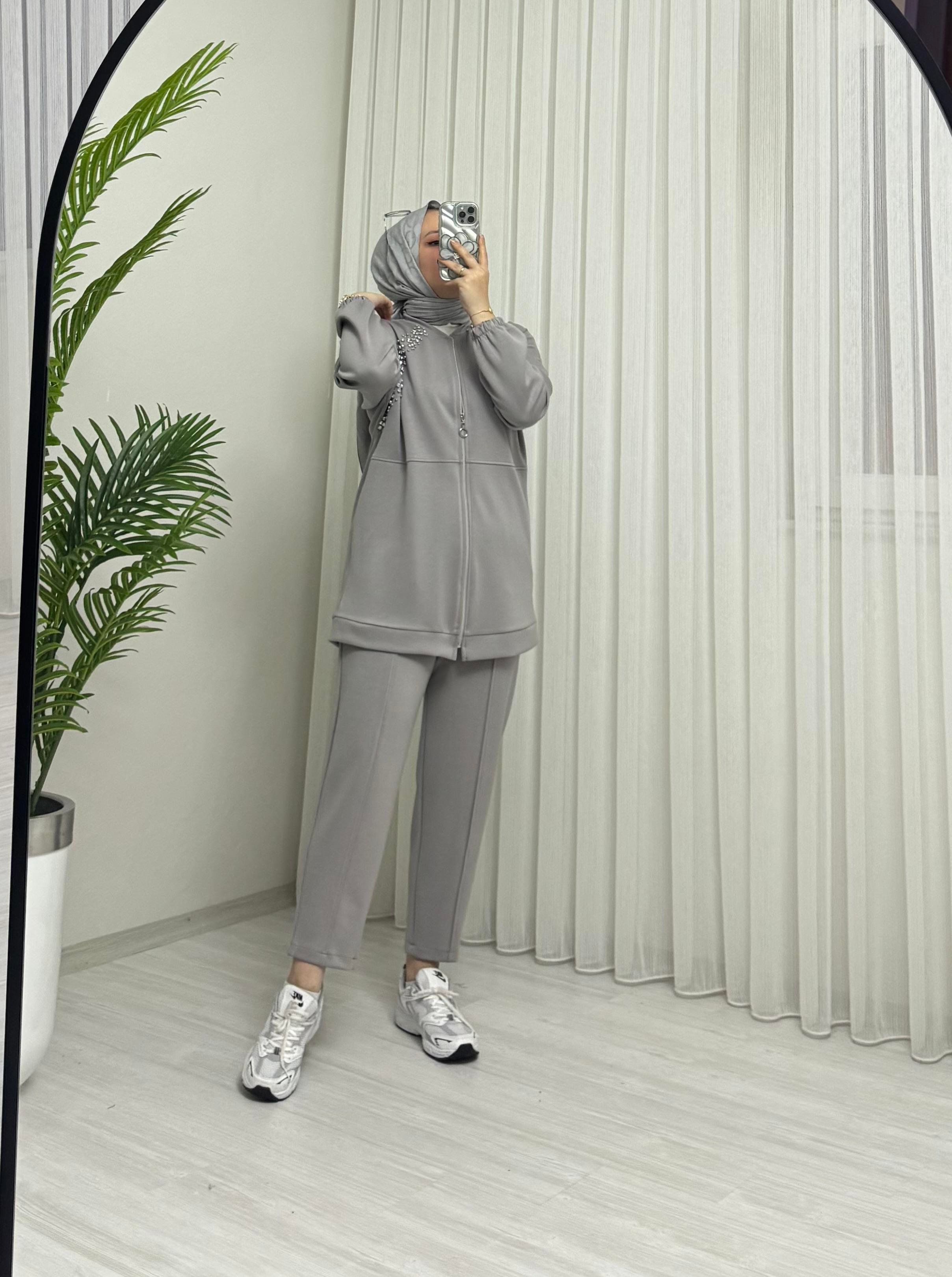 Aya Store Fermuarlı Taş İşlemeli Takım Gri