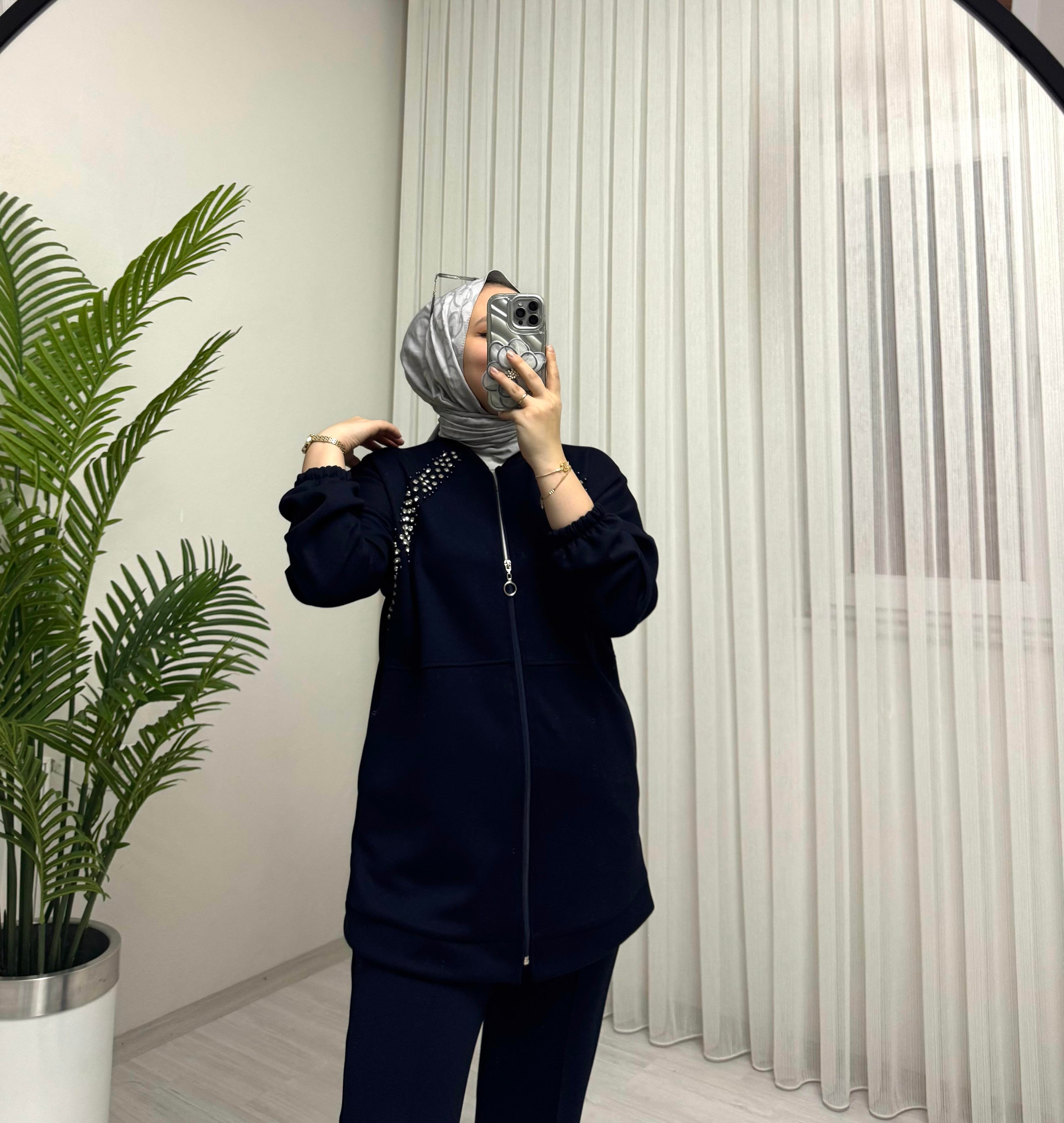 Aya Store Fermuarlı Taş İşlemeli Takım Lacivert 