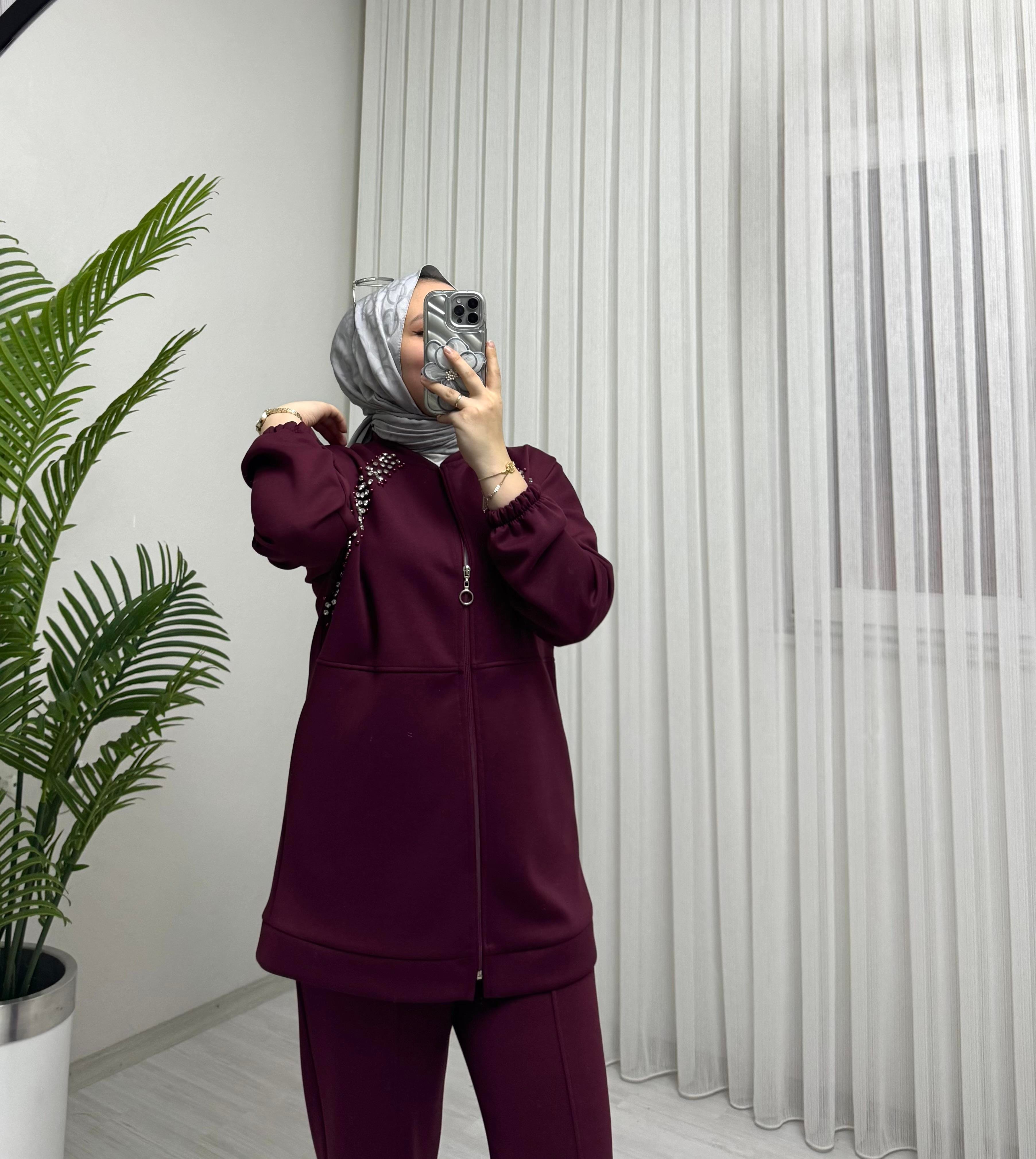 Aya Store Fermuarlı Taş İşlemeli Takım Bordo