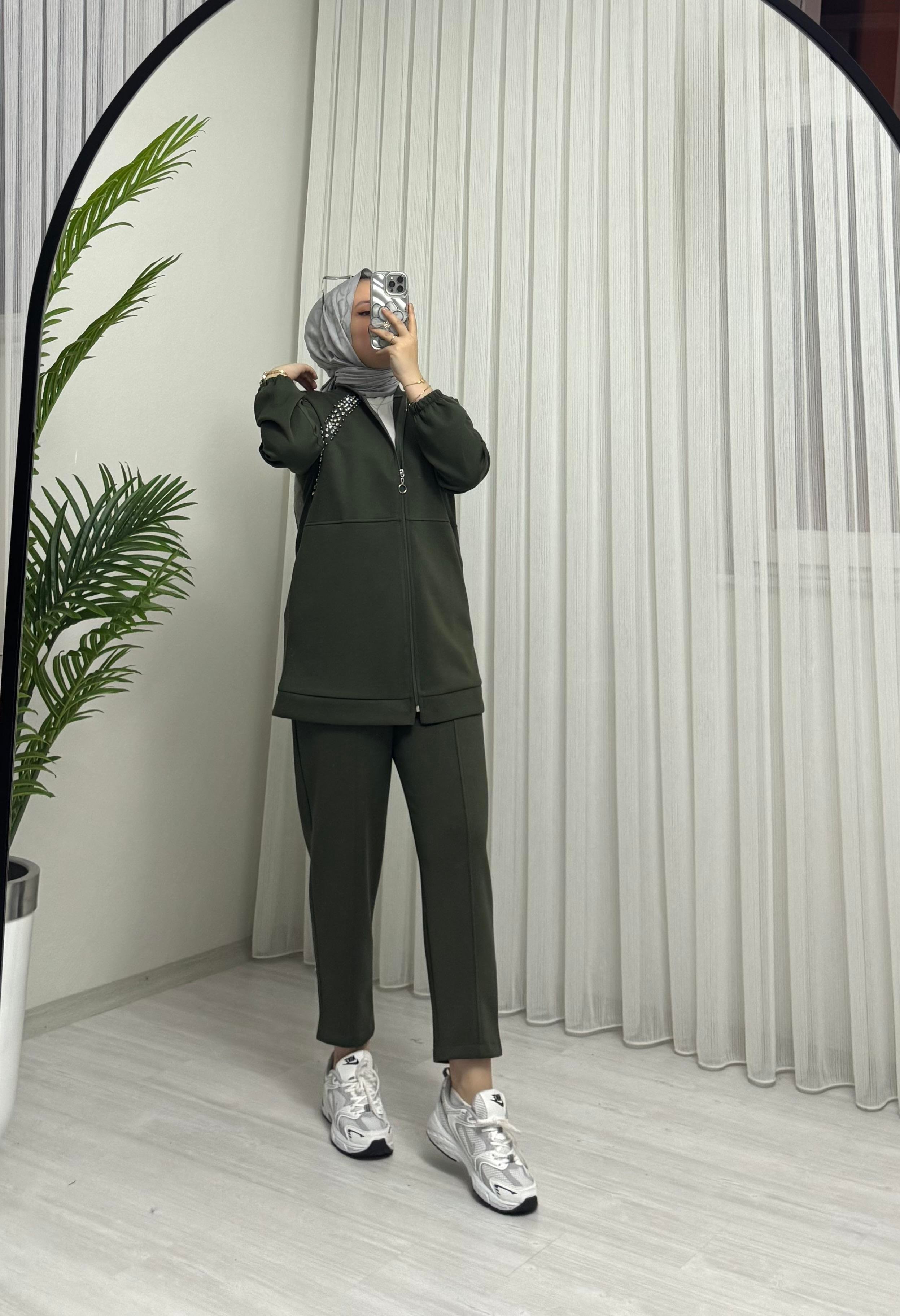 Aya Store Fermuarlı Taş İşlemeli Takım Haki 