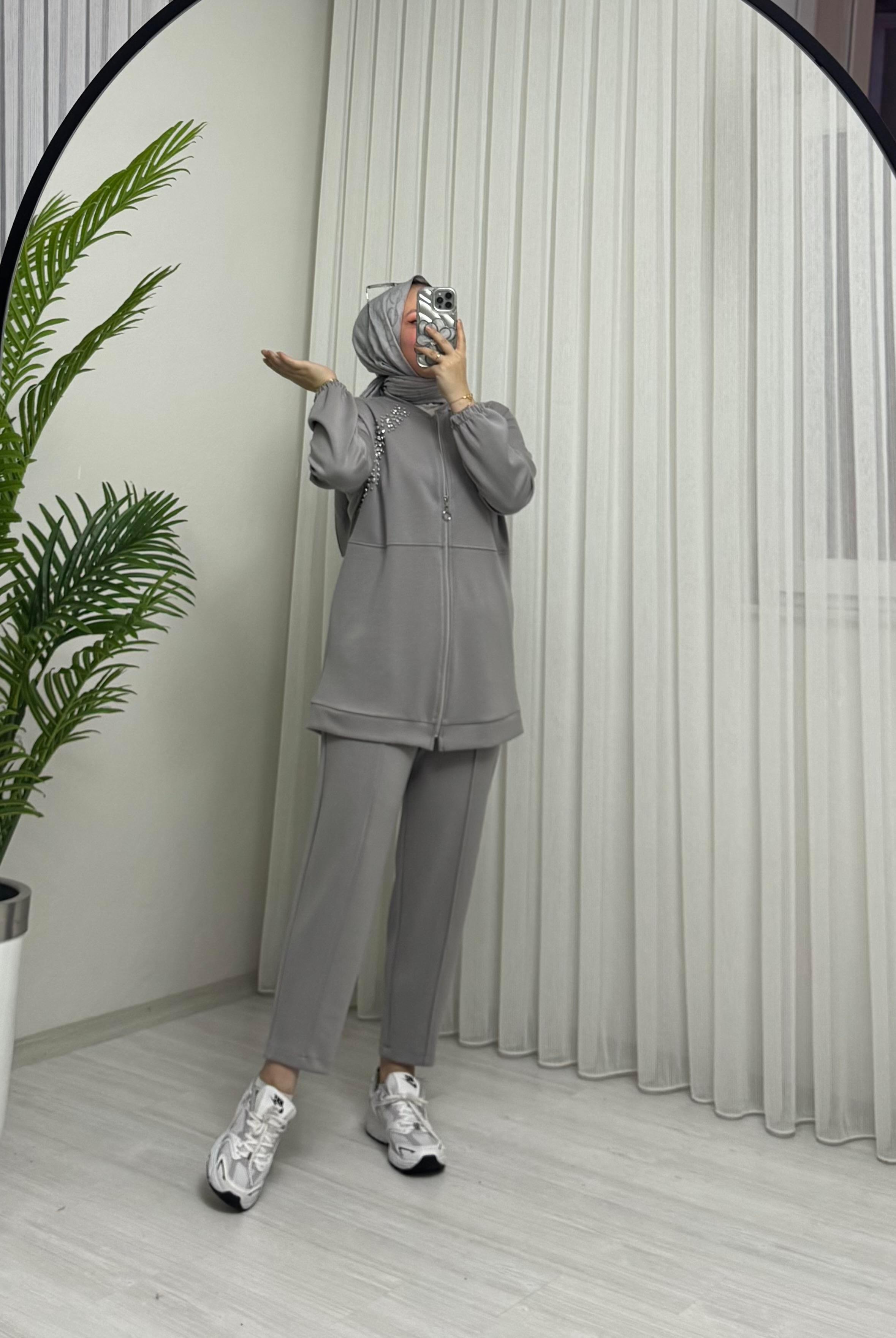 Aya Store Fermuarlı Taş İşlemeli Takım Gri
