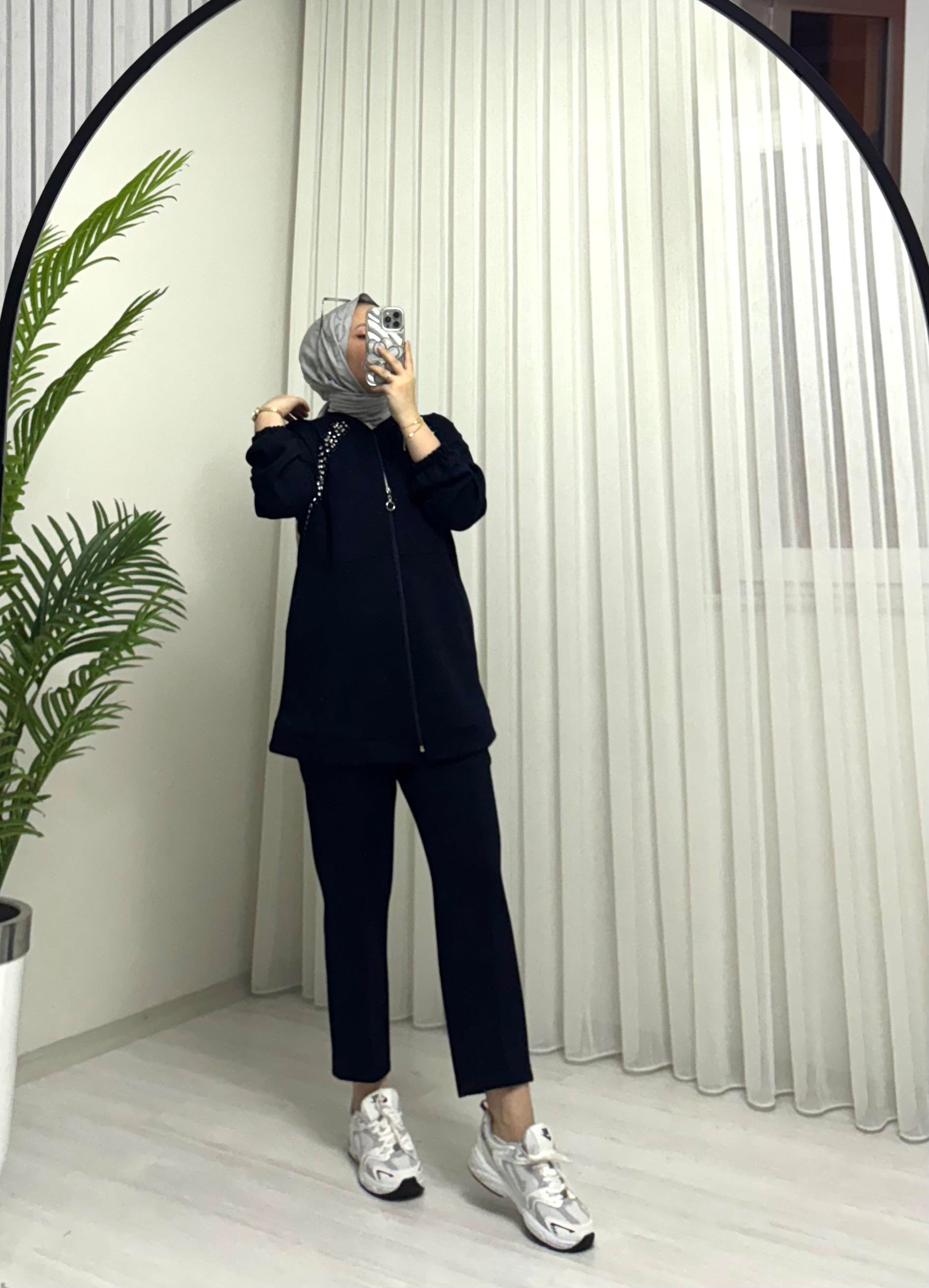 Aya Store Fermuarlı Taş İşlemeli Takım Lacivert 