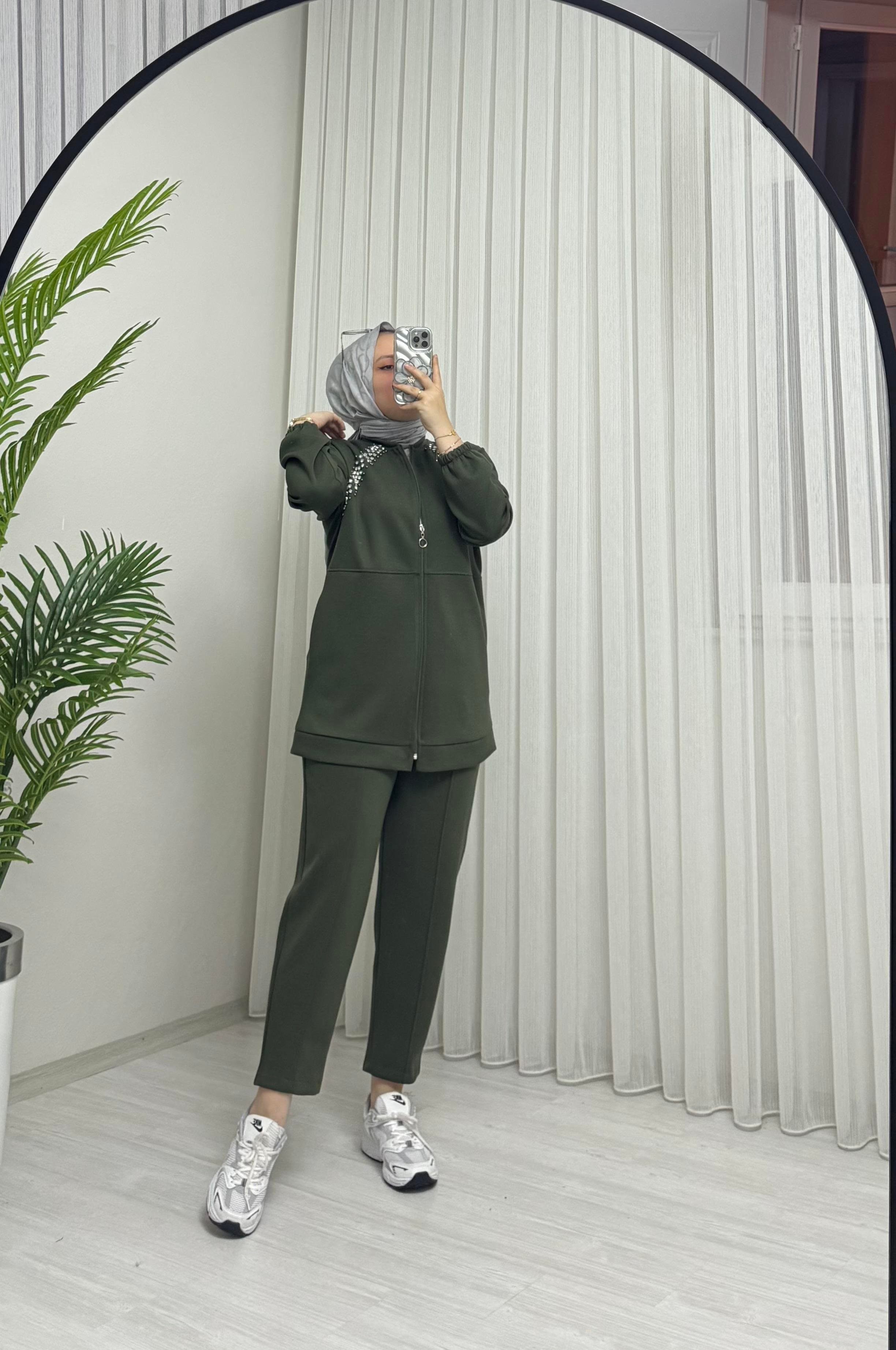 Aya Store Fermuarlı Taş İşlemeli Takım Haki 