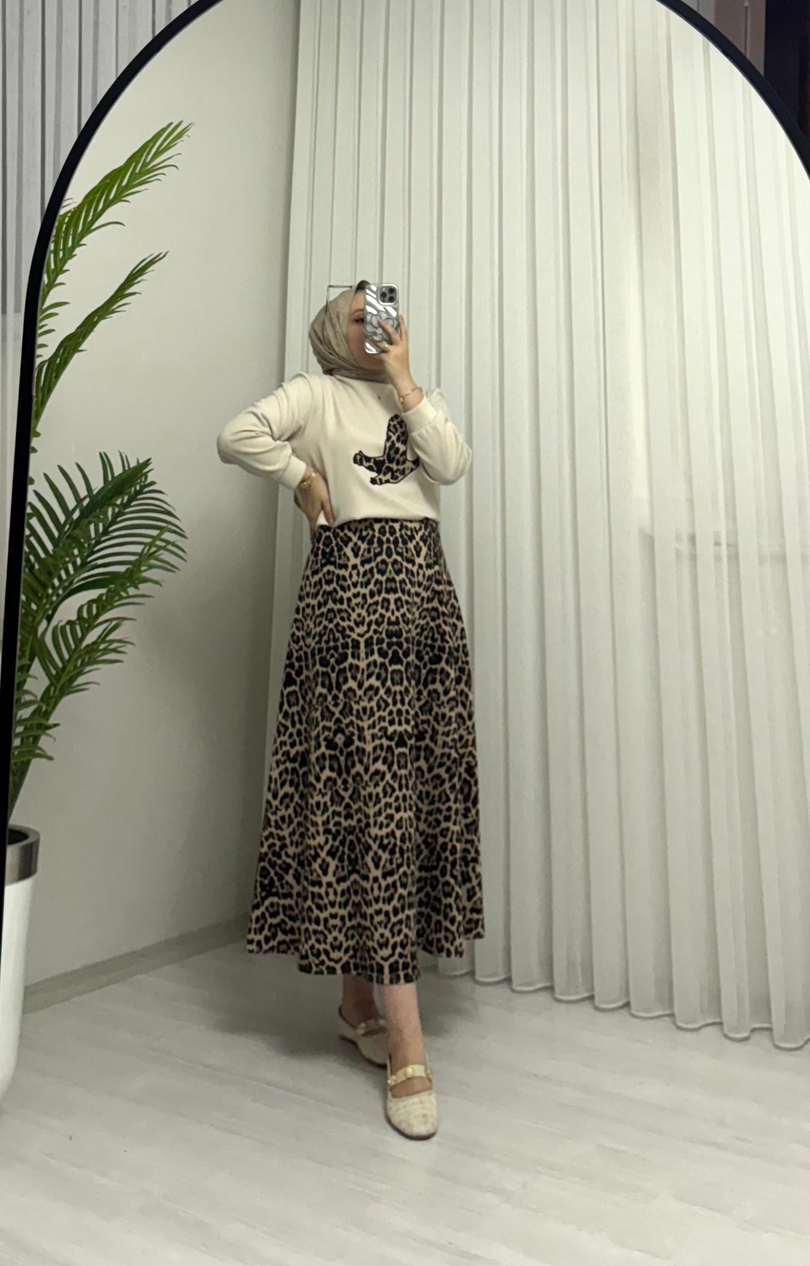 Aya Store Leopar Kuş Desen Takım Bej