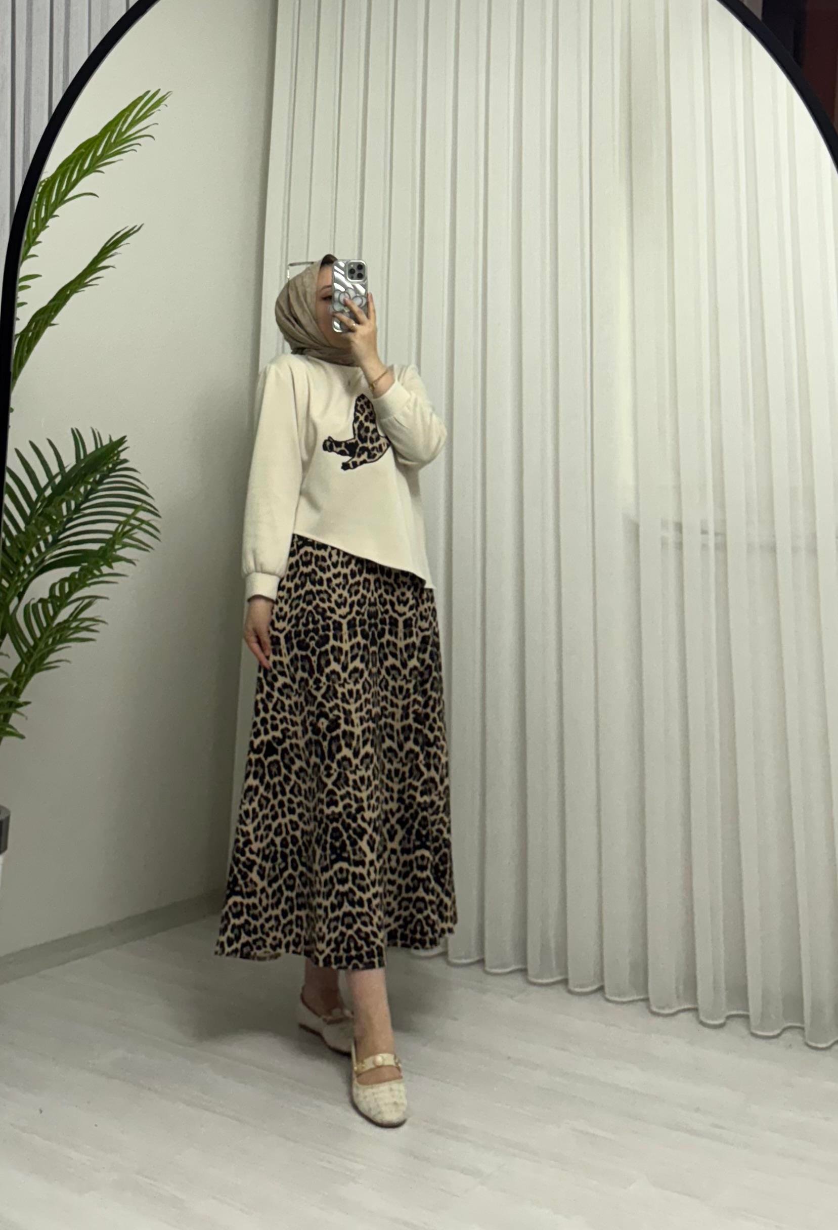 Aya Store Leopar Kuş Desen Takım Bej