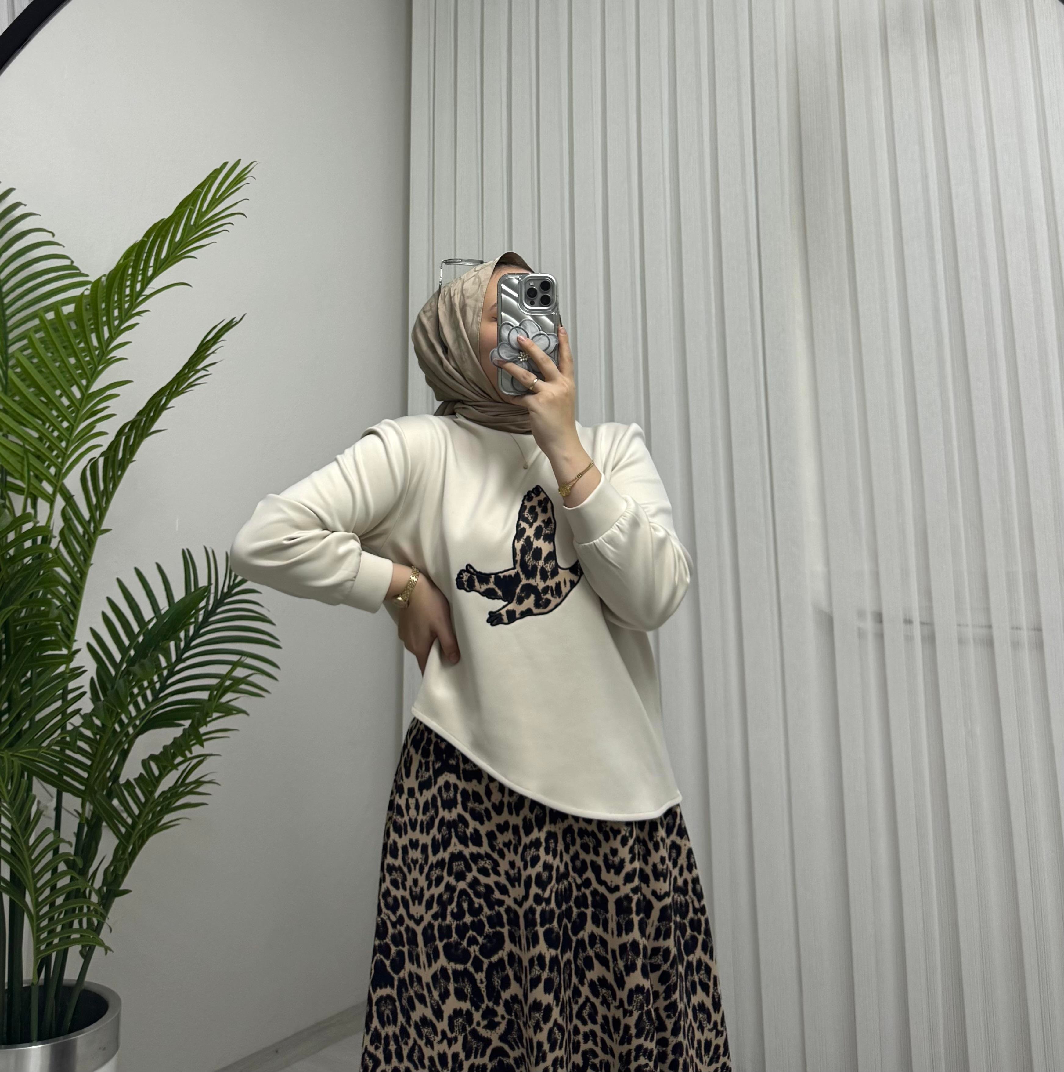 Aya Store Leopar Kuş Desen Takım Bej