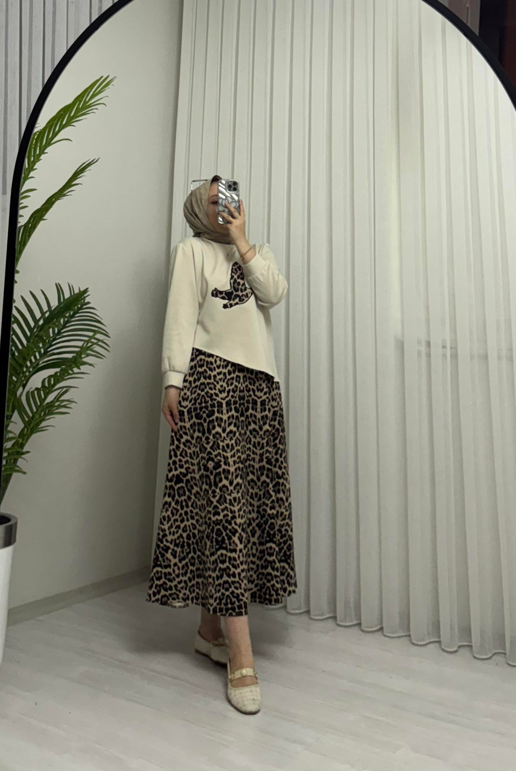 Aya Store Leopar Kuş Desen Takım Bej