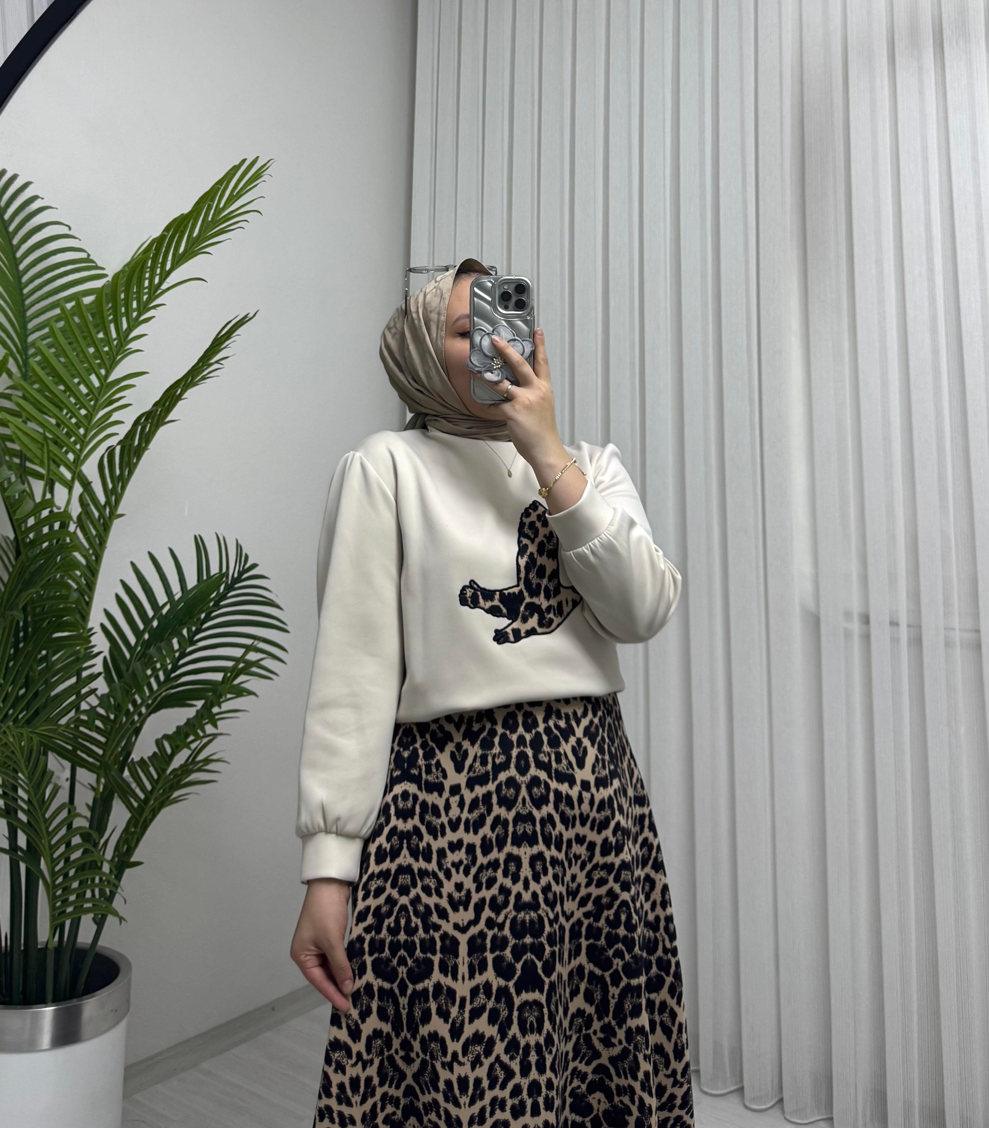 Aya Store Leopar Kuş Desen Takım Bej