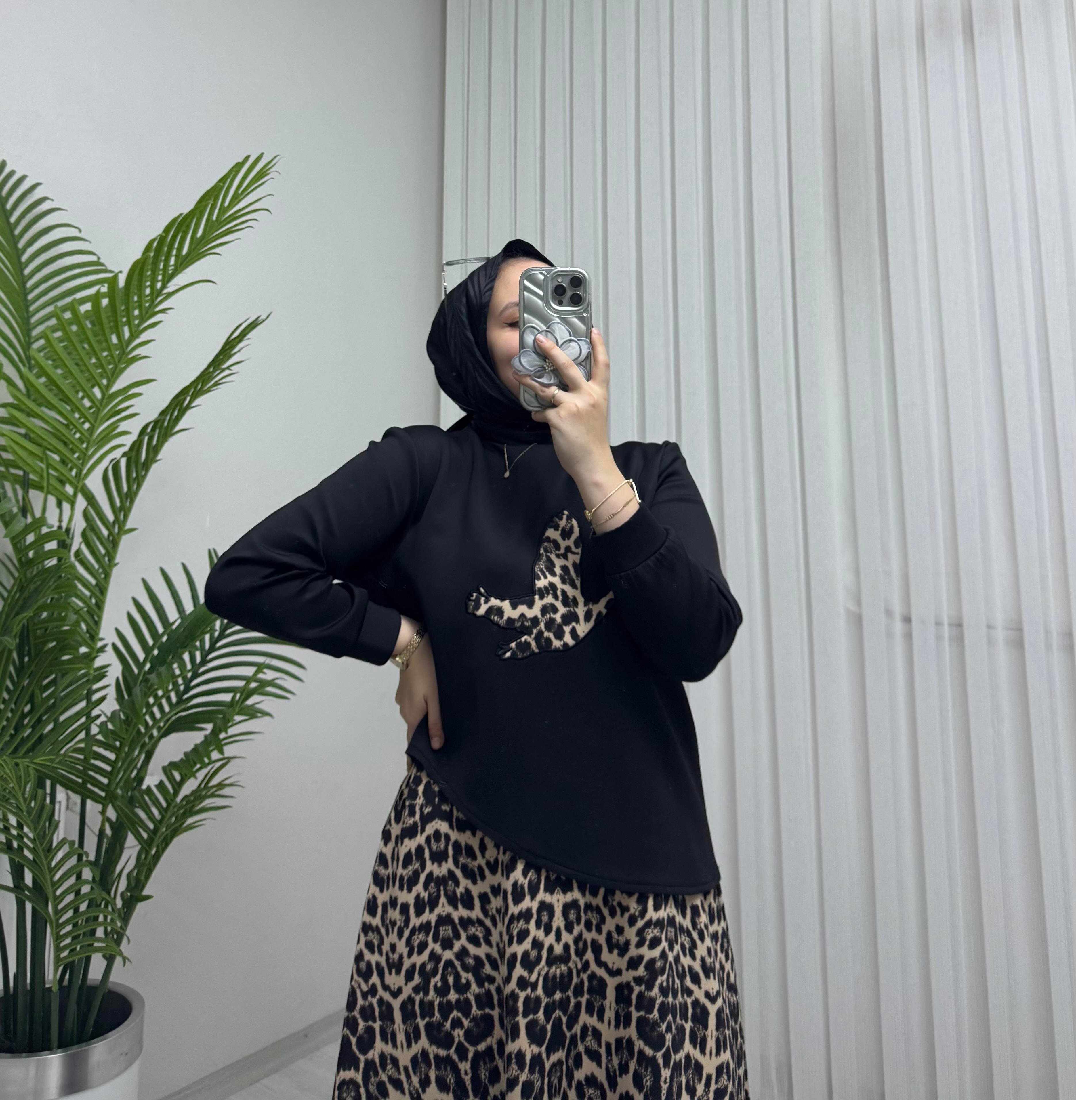 Aya Store Leopar Kuş Desen Takım Siyah