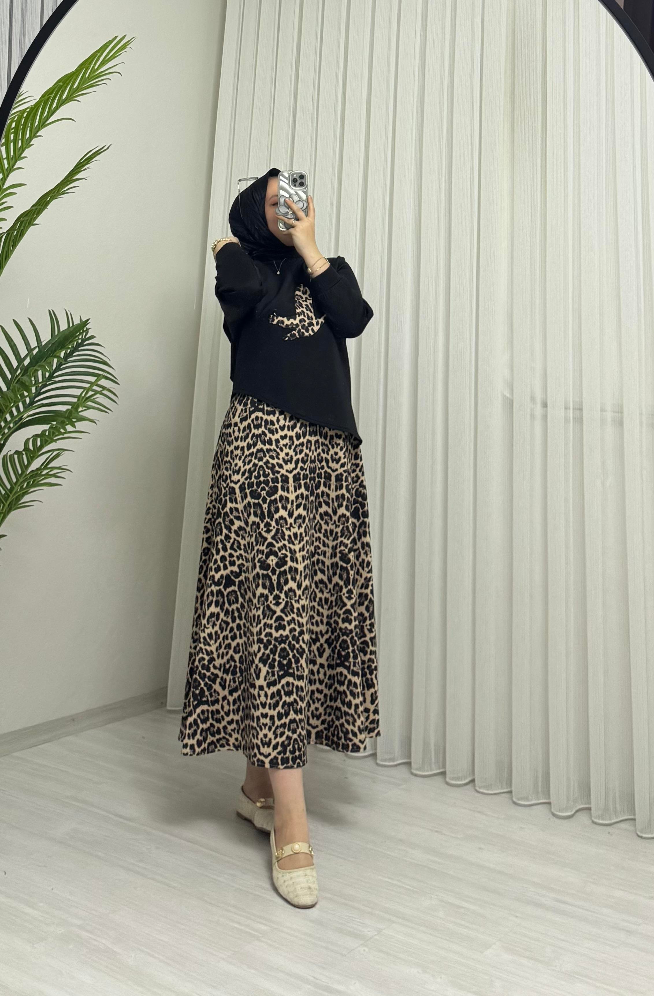 Aya Store Leopar Kuş Desen Takım Siyah