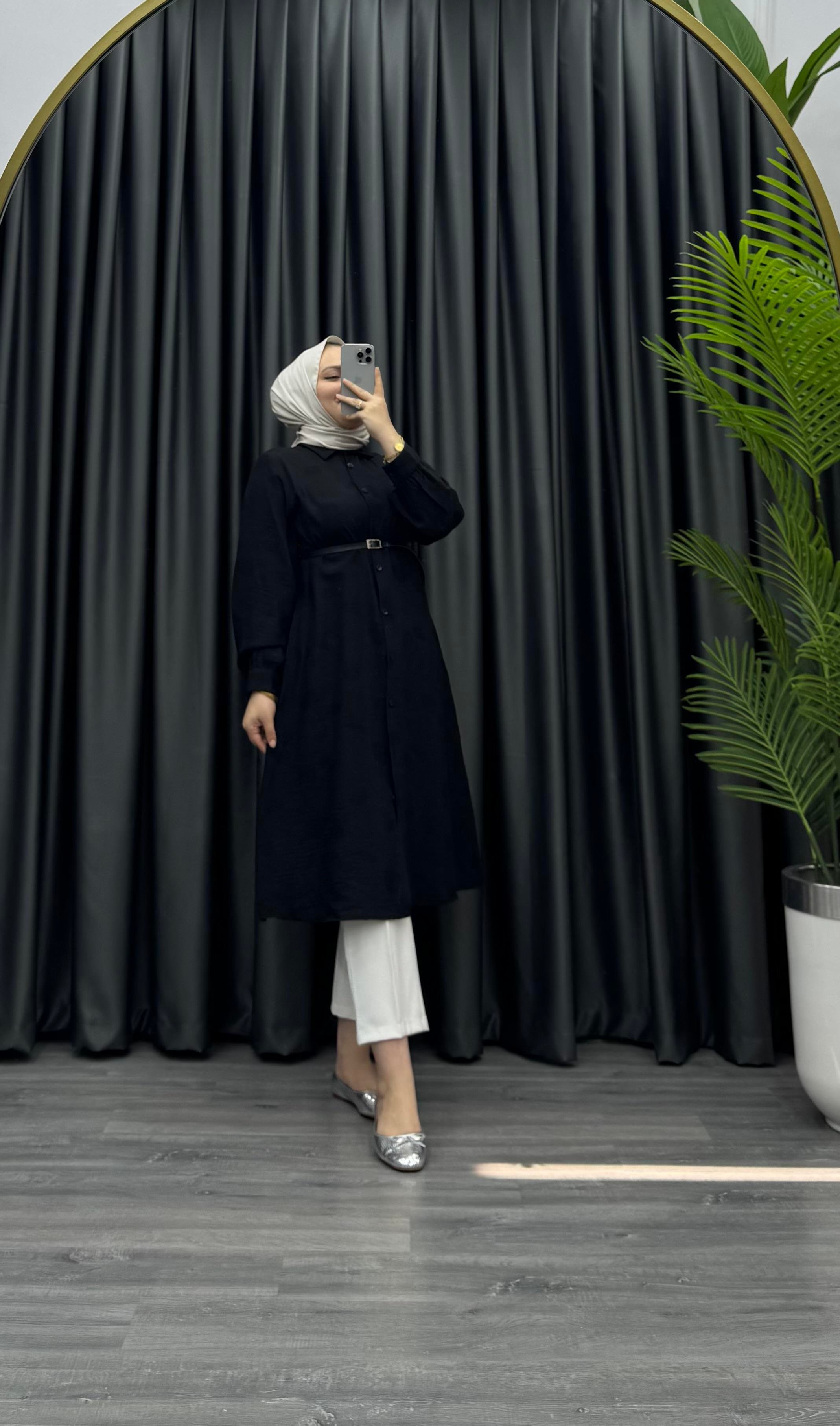 Bqre Kemerli Yaprak Desenli Tunik Siyah (4171)