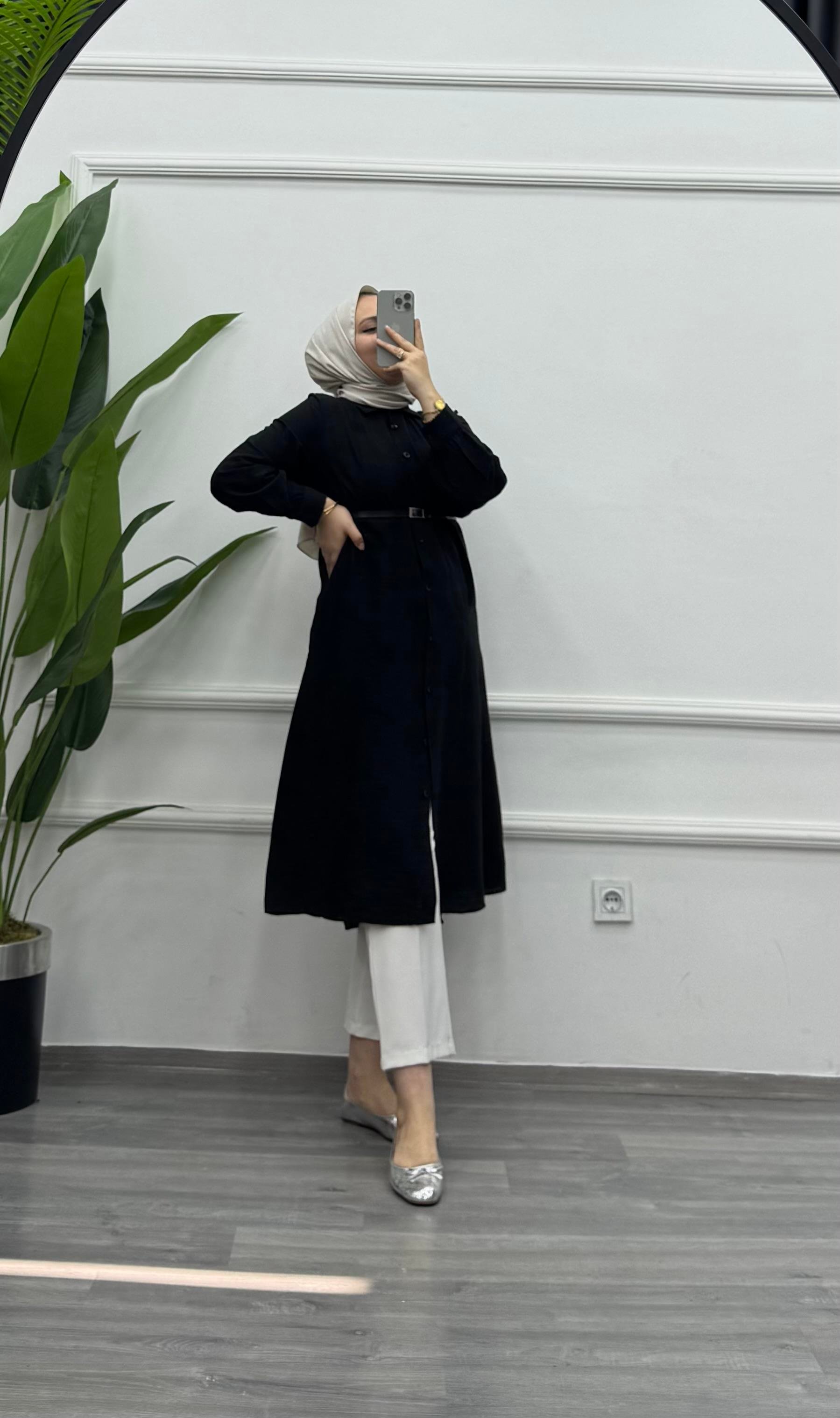 Bqre Kemerli Yaprak Desenli Tunik Siyah (4171)