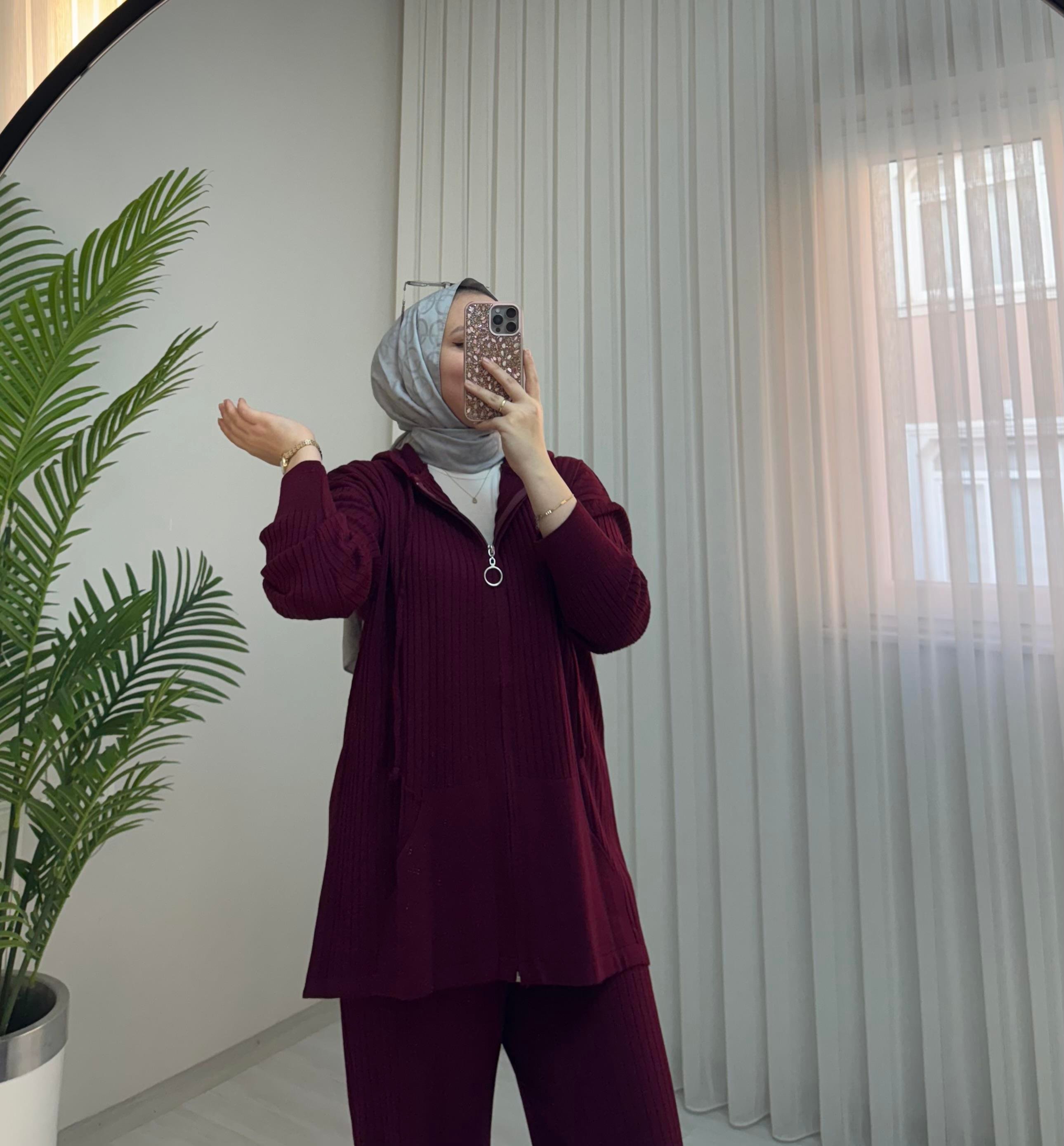 Enji Kapşonlu Fitilli Takım Bordo