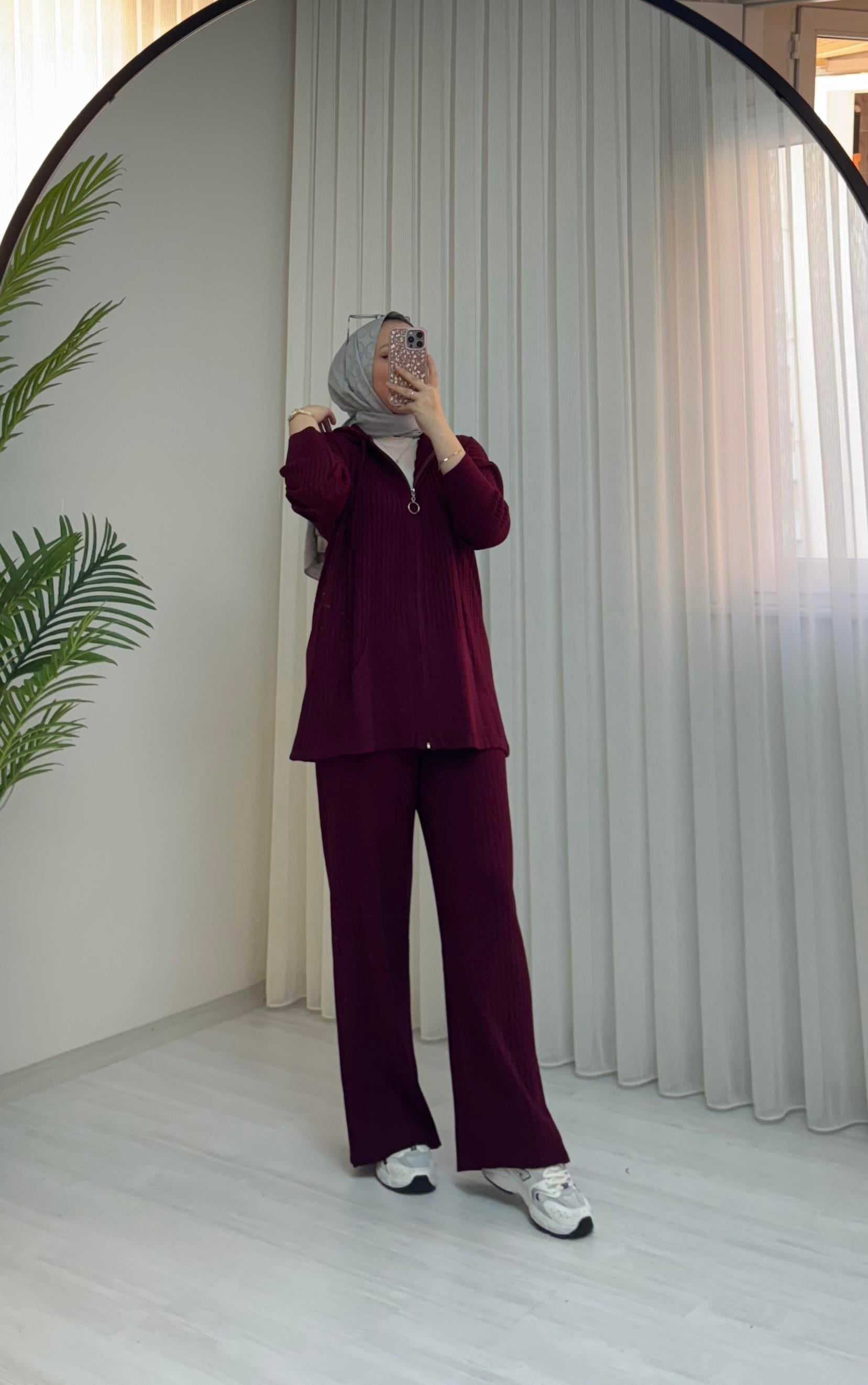 Enji Kapşonlu Fitilli Takım Bordo