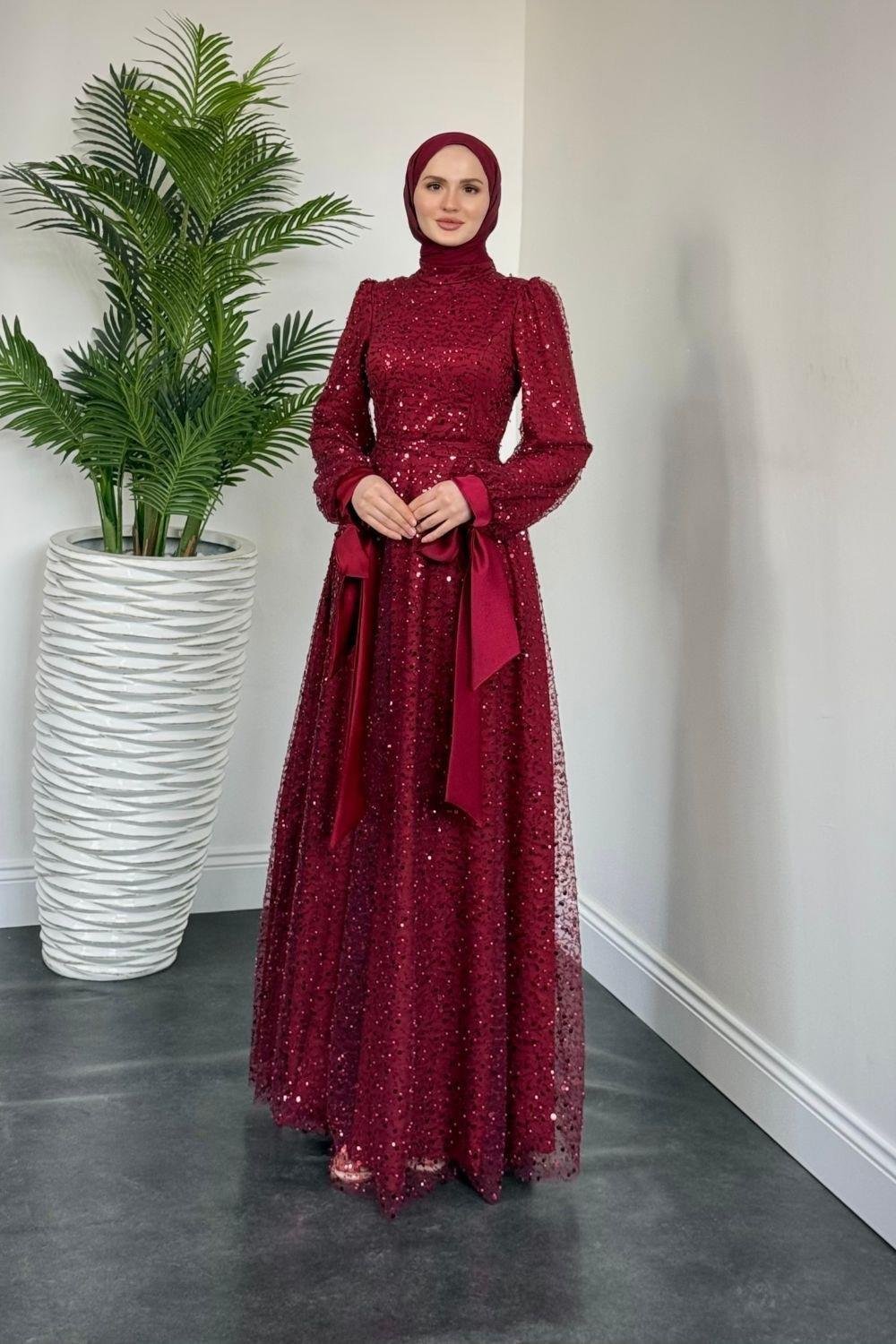 Kolları Fiyonklu Saten Pulpayet Abiye Bordo 