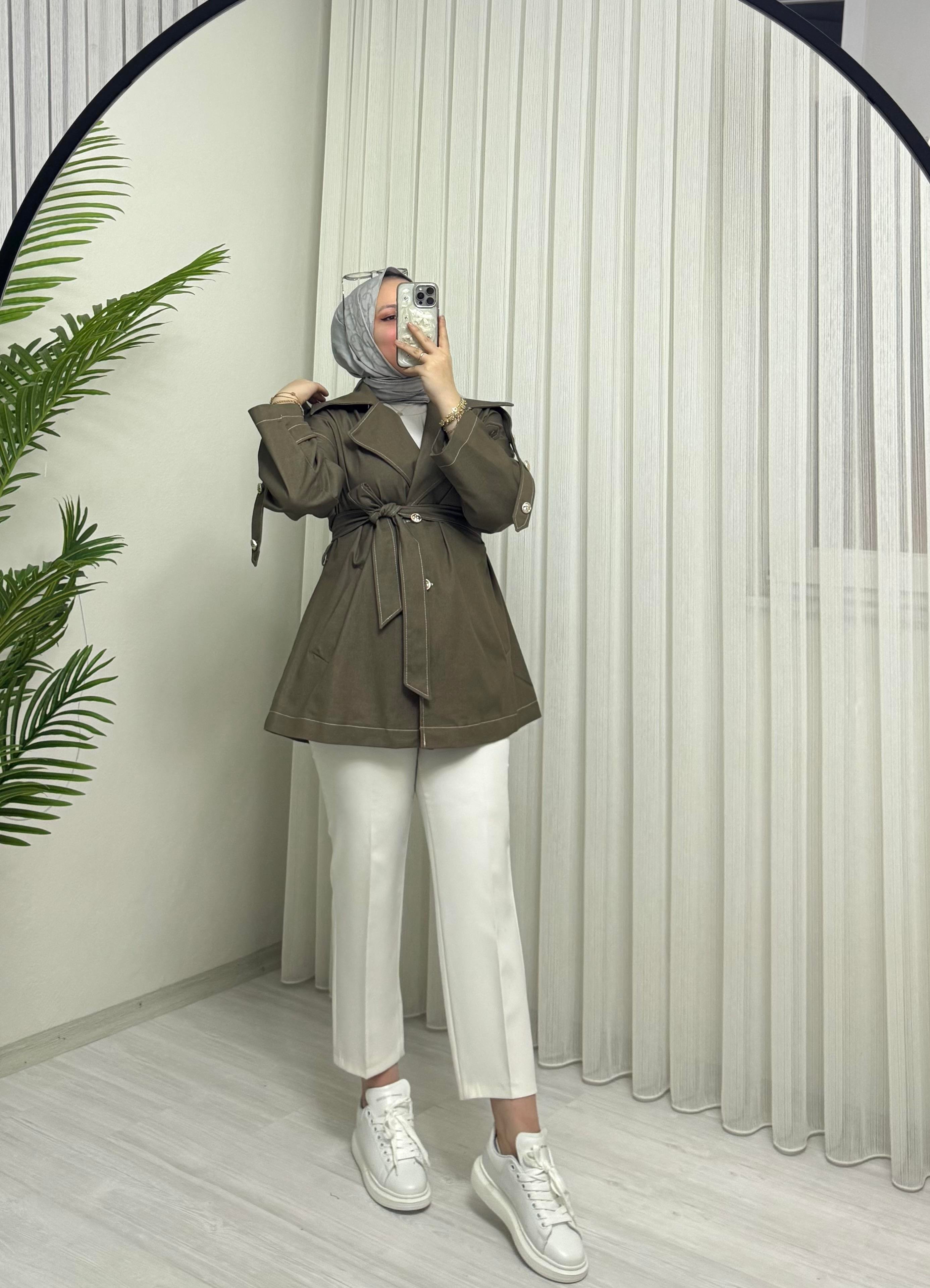 Line Düğmeli Kot Kumaş Haki