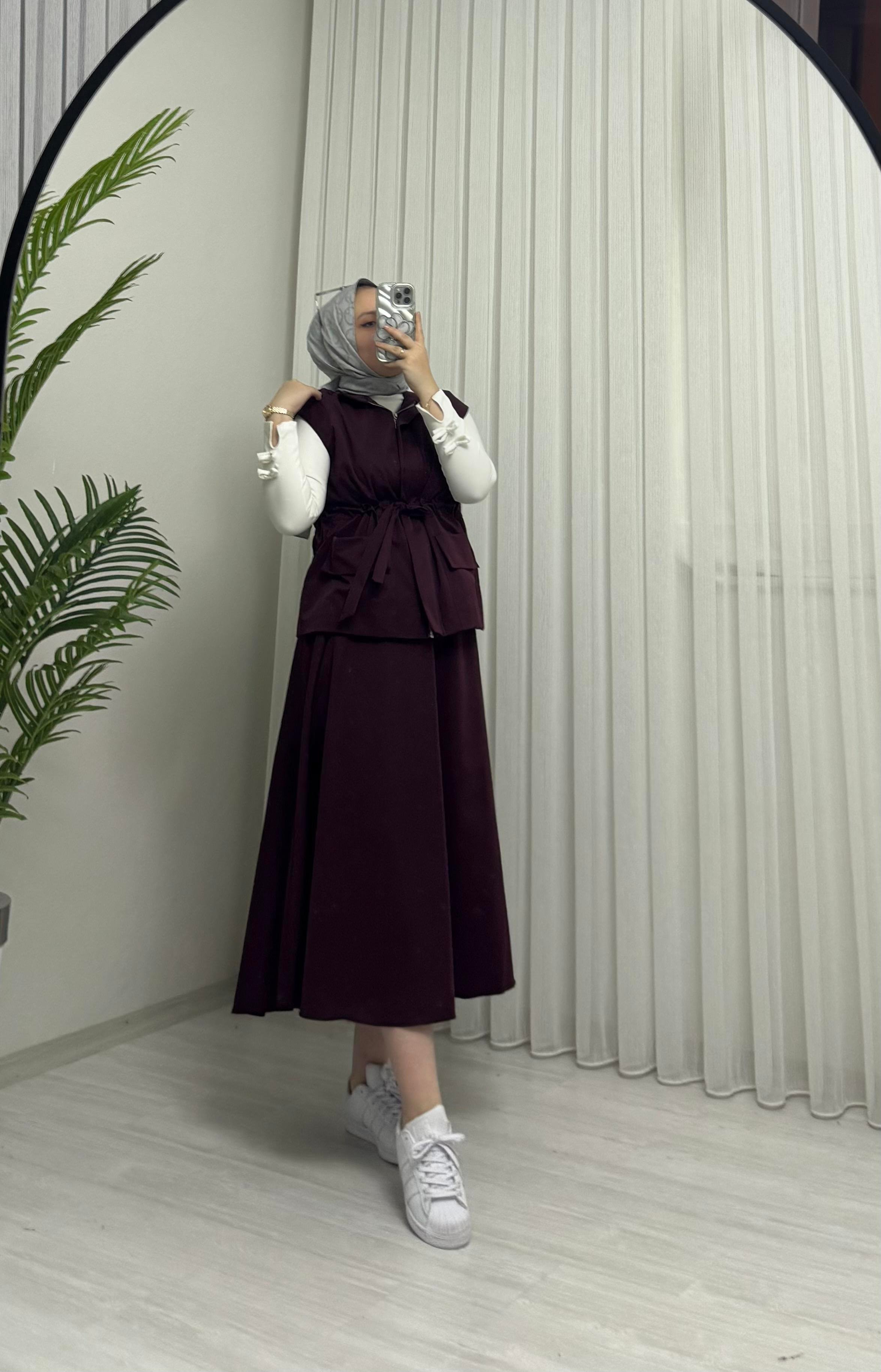 Line Etekli Yelekli Takım Bordo
