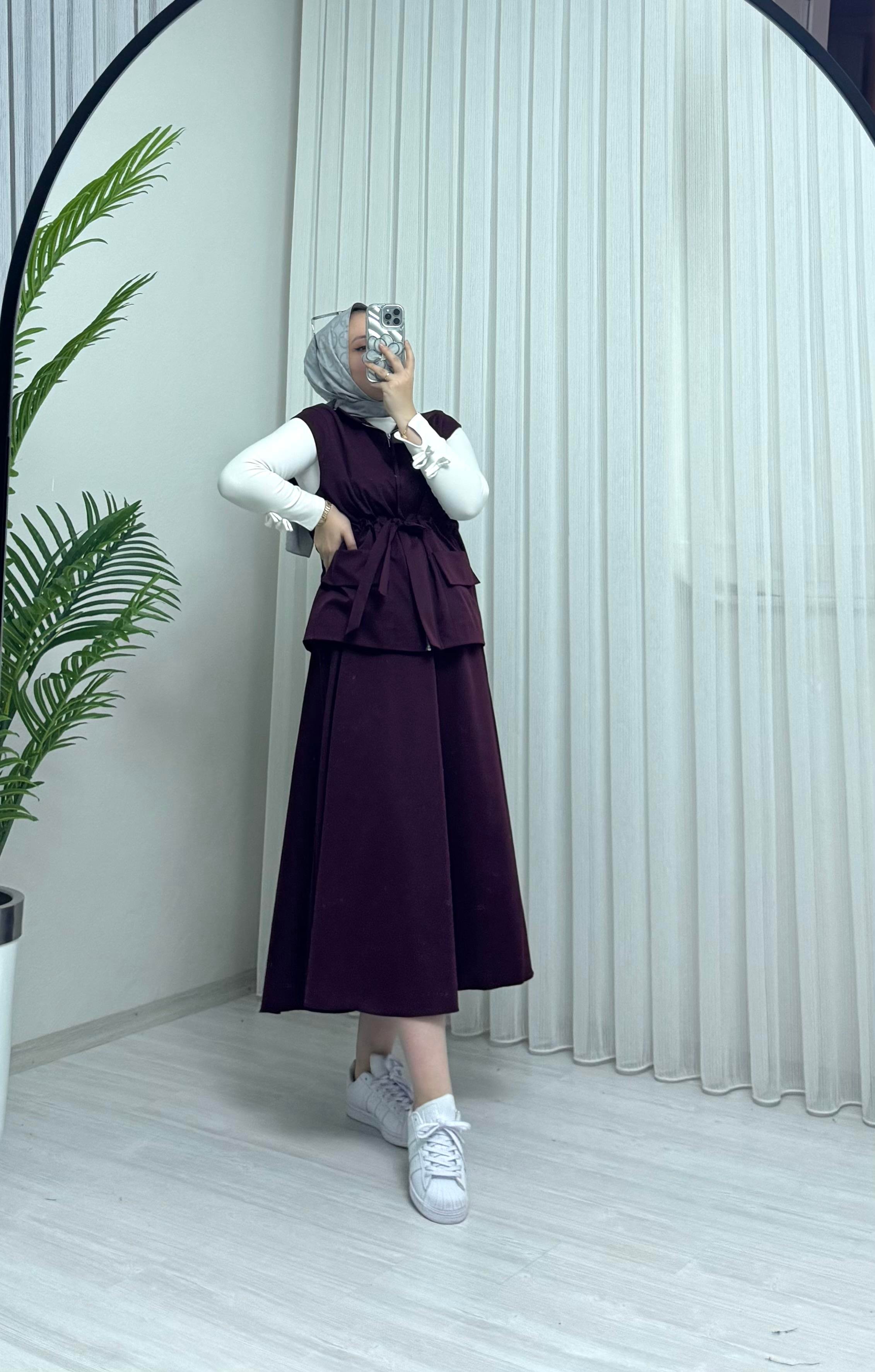 Line Etekli Yelekli Takım Bordo