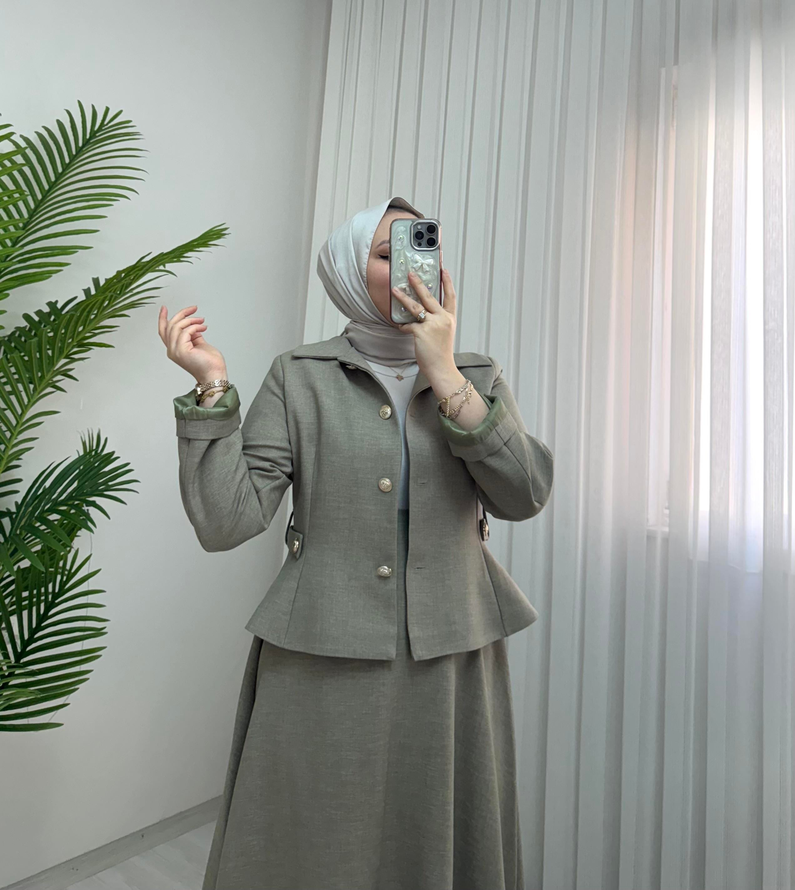 Line Kollar Dahil Astarlı Ceketli Takım Vatkalı Haki