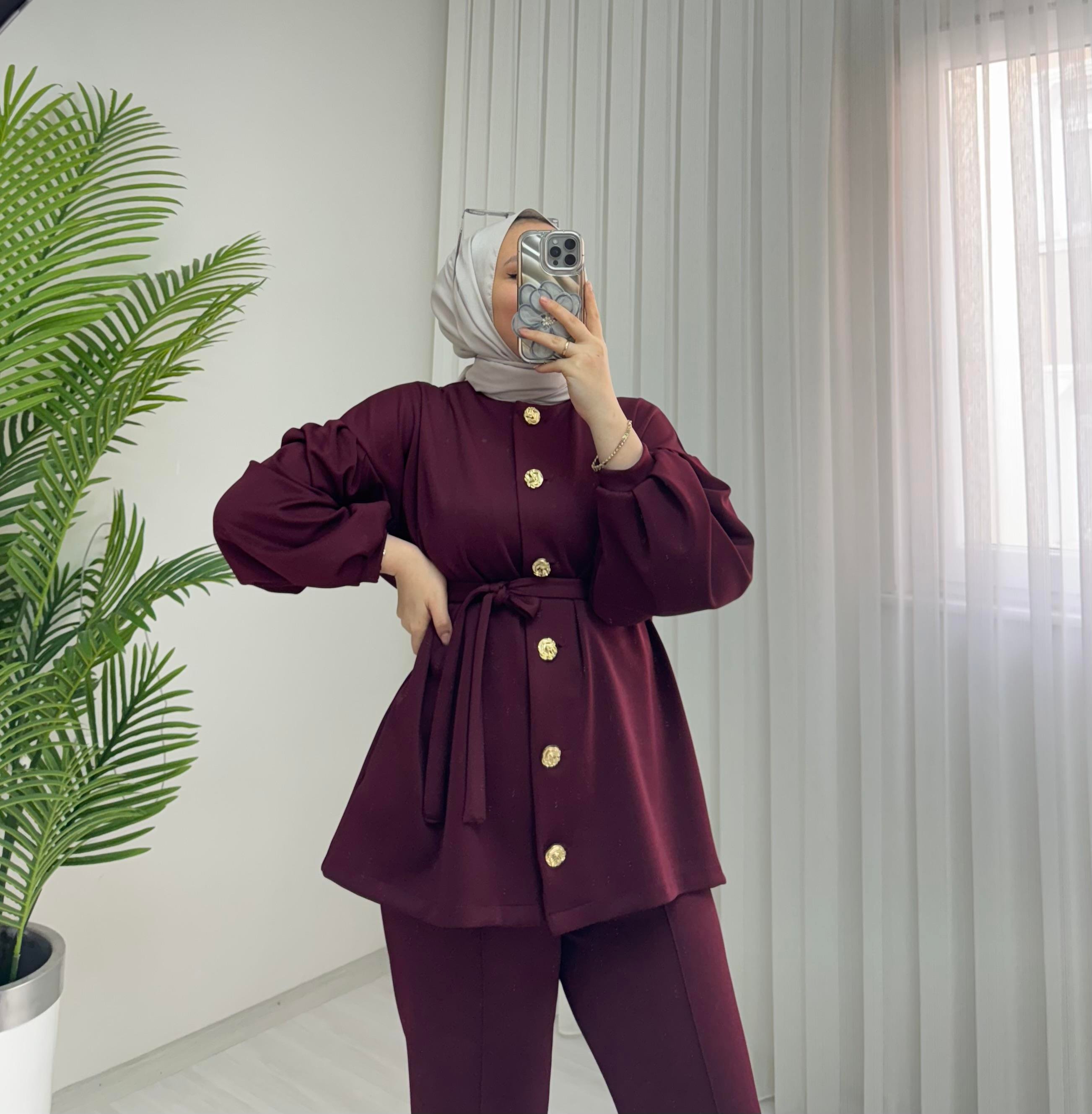 Newshe Düğmeli Scuba Takım Bordo