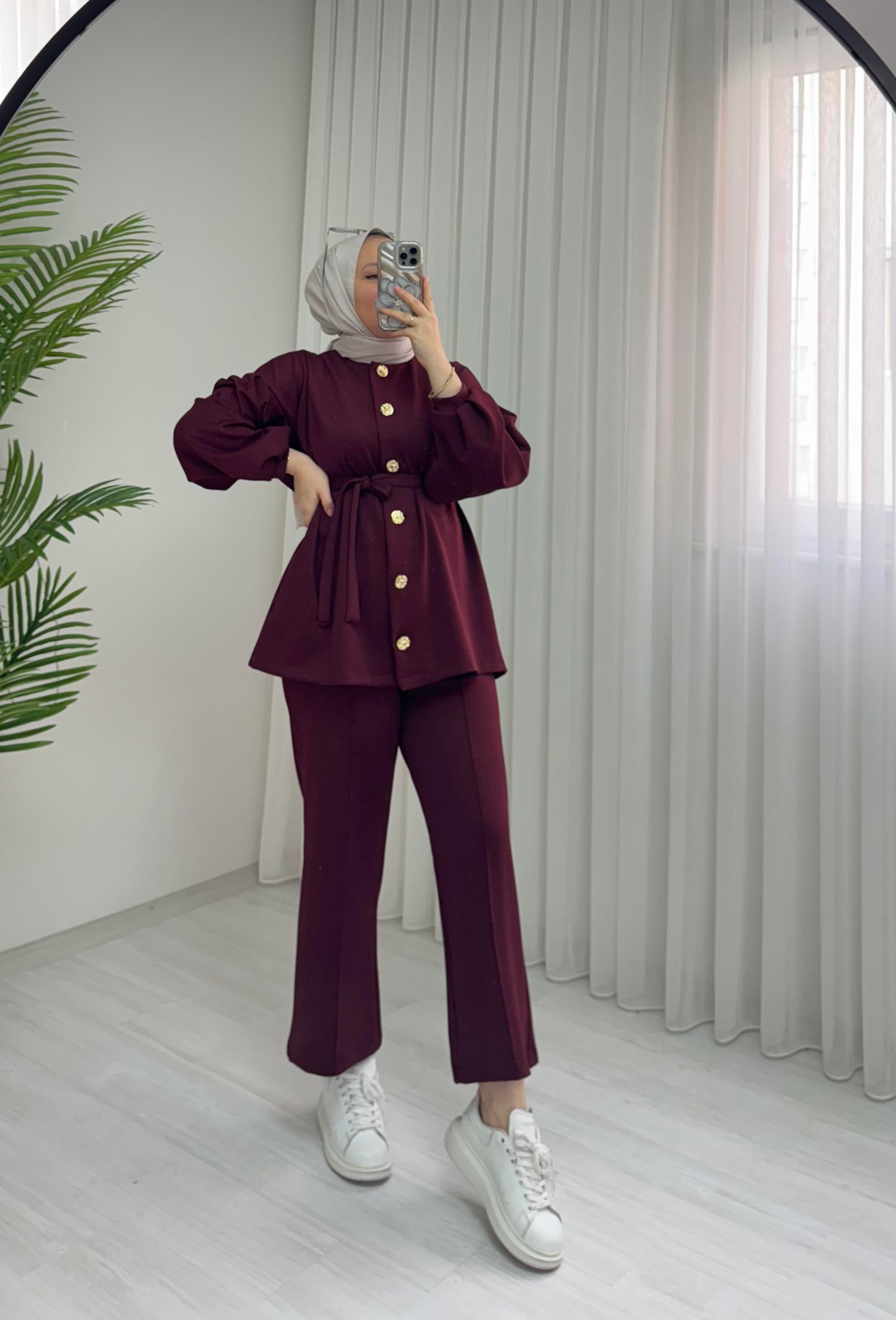 Newshe Düğmeli Scuba Takım Bordo