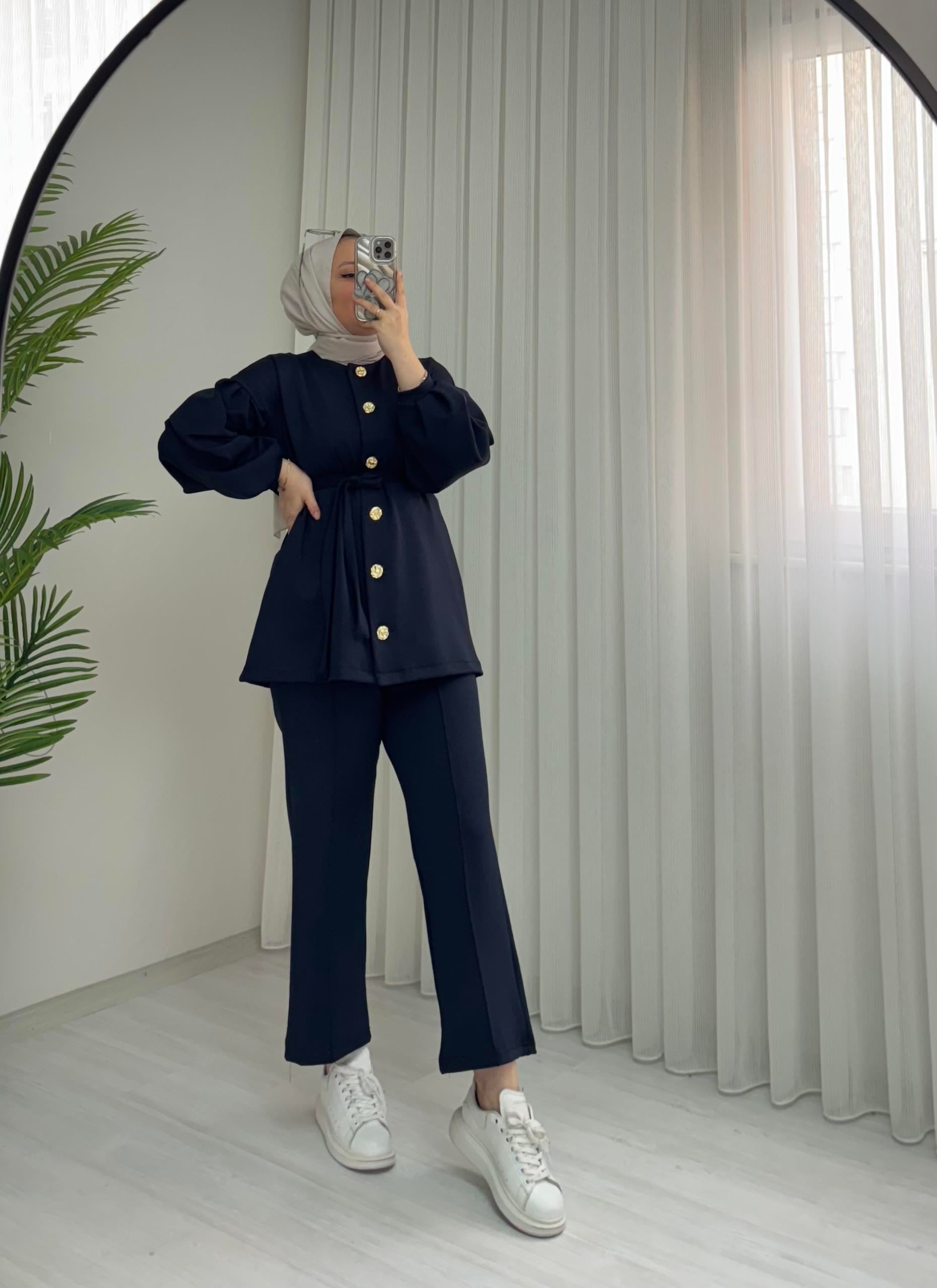 Newshe Düğmeli Scuba Takım Lacivert