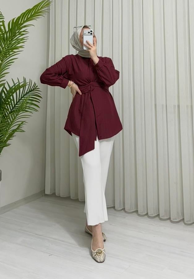 Newshe Florlu Bağlamalı Tunik Bordo