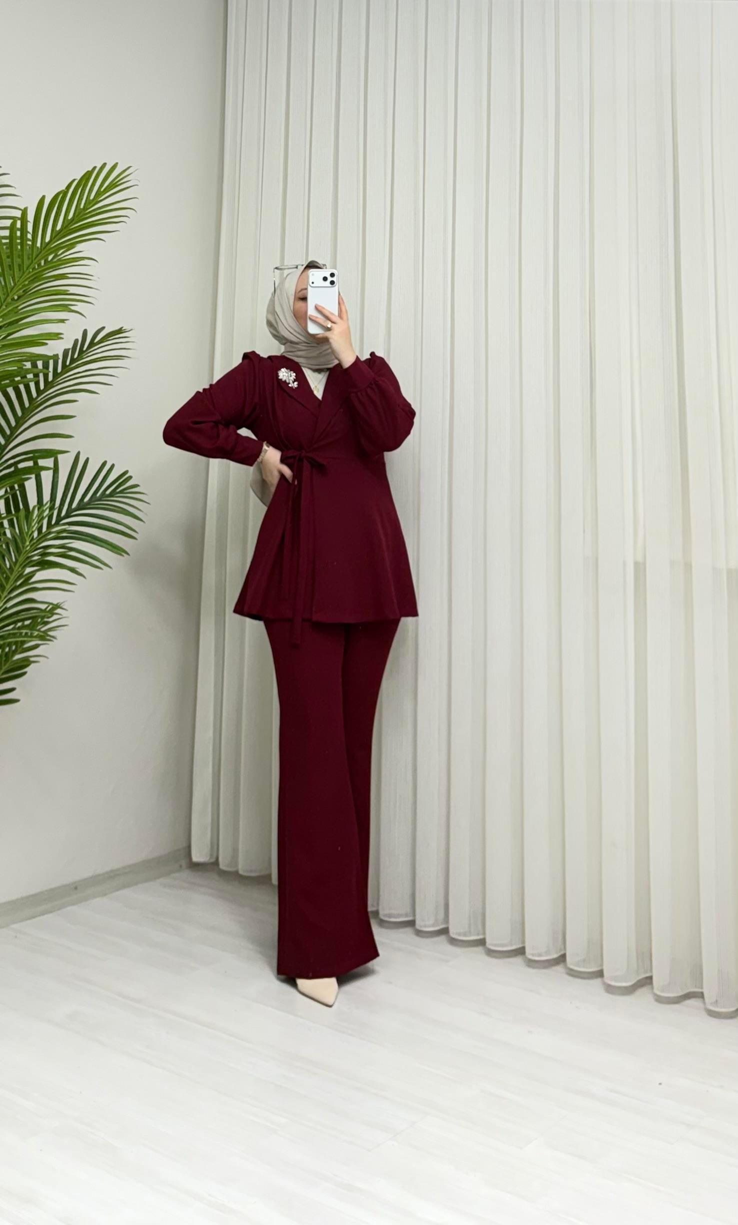Newshe Krep İspanyol pantolon Takım Bordo