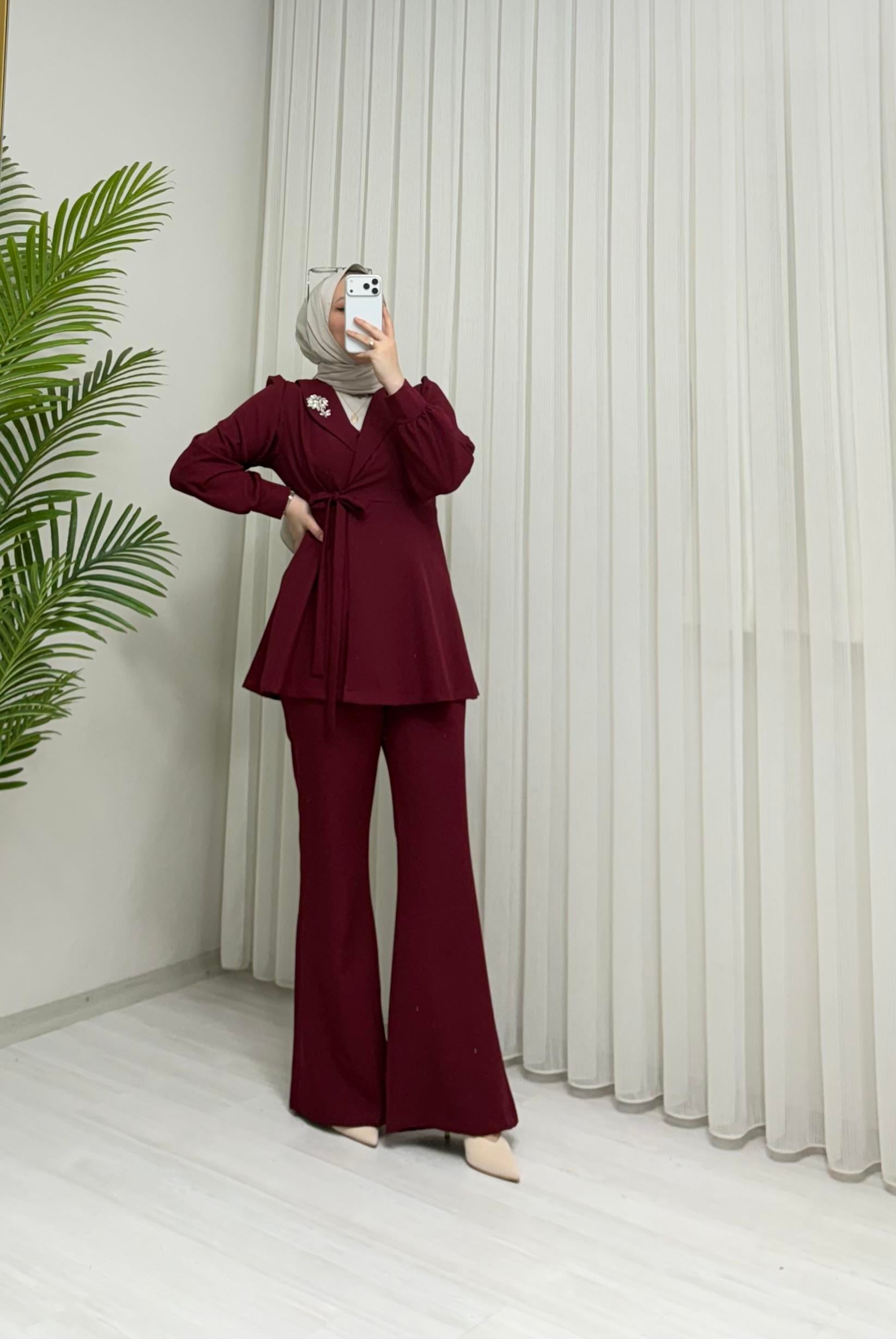 Newshe Krep İspanyol pantolon Takım Bordo