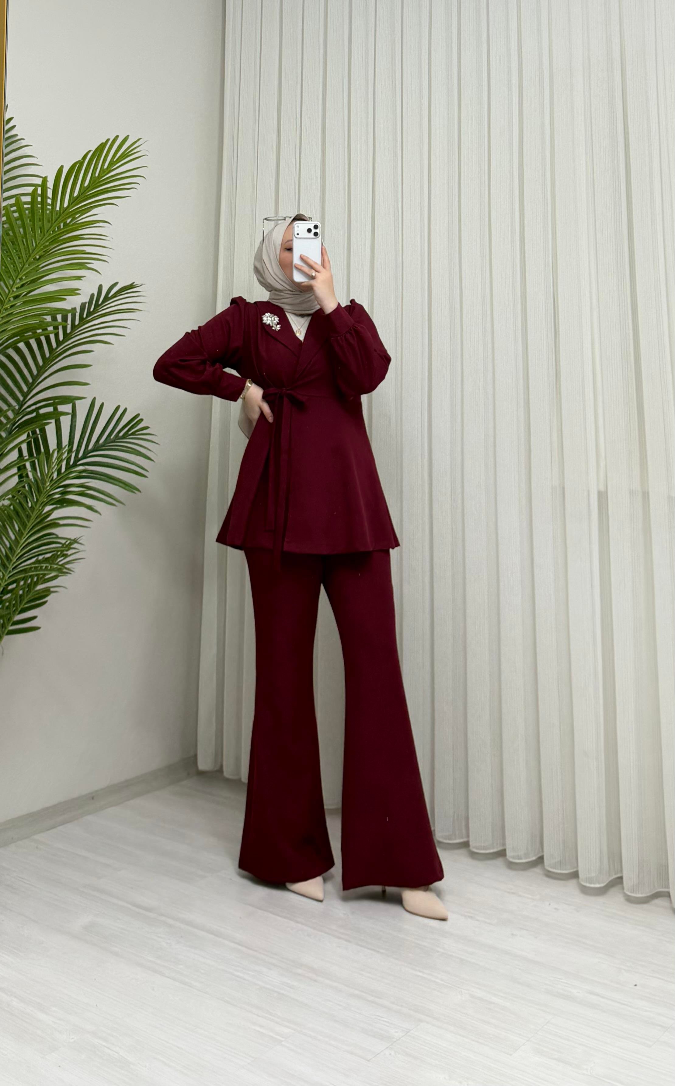 Newshe Krep İspanyol pantolon Takım Bordo