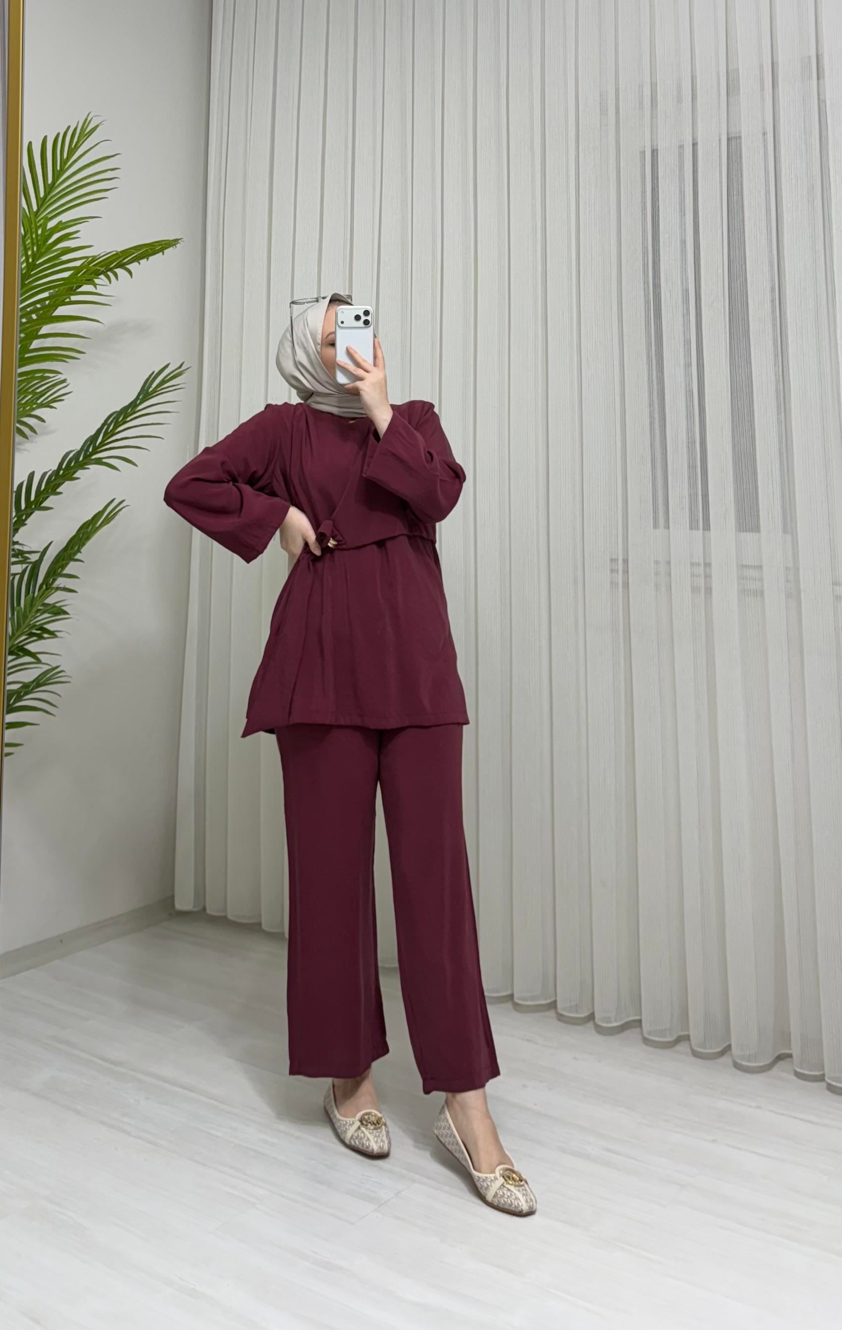Newshe Modal Kumaş Pantalonlu Takım Bordo