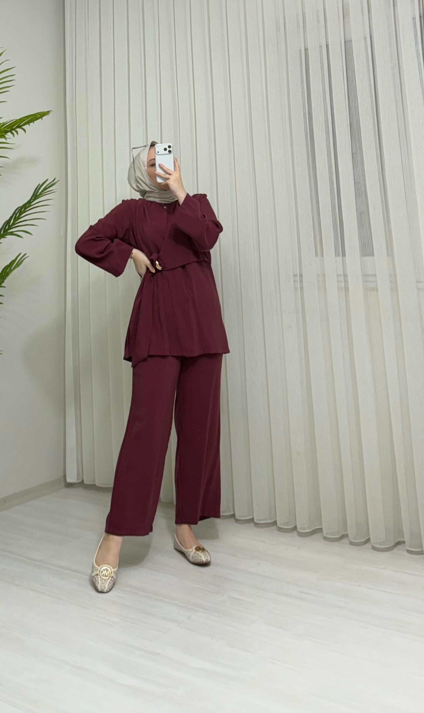 Newshe Modal Kumaş Pantalonlu Takım Bordo
