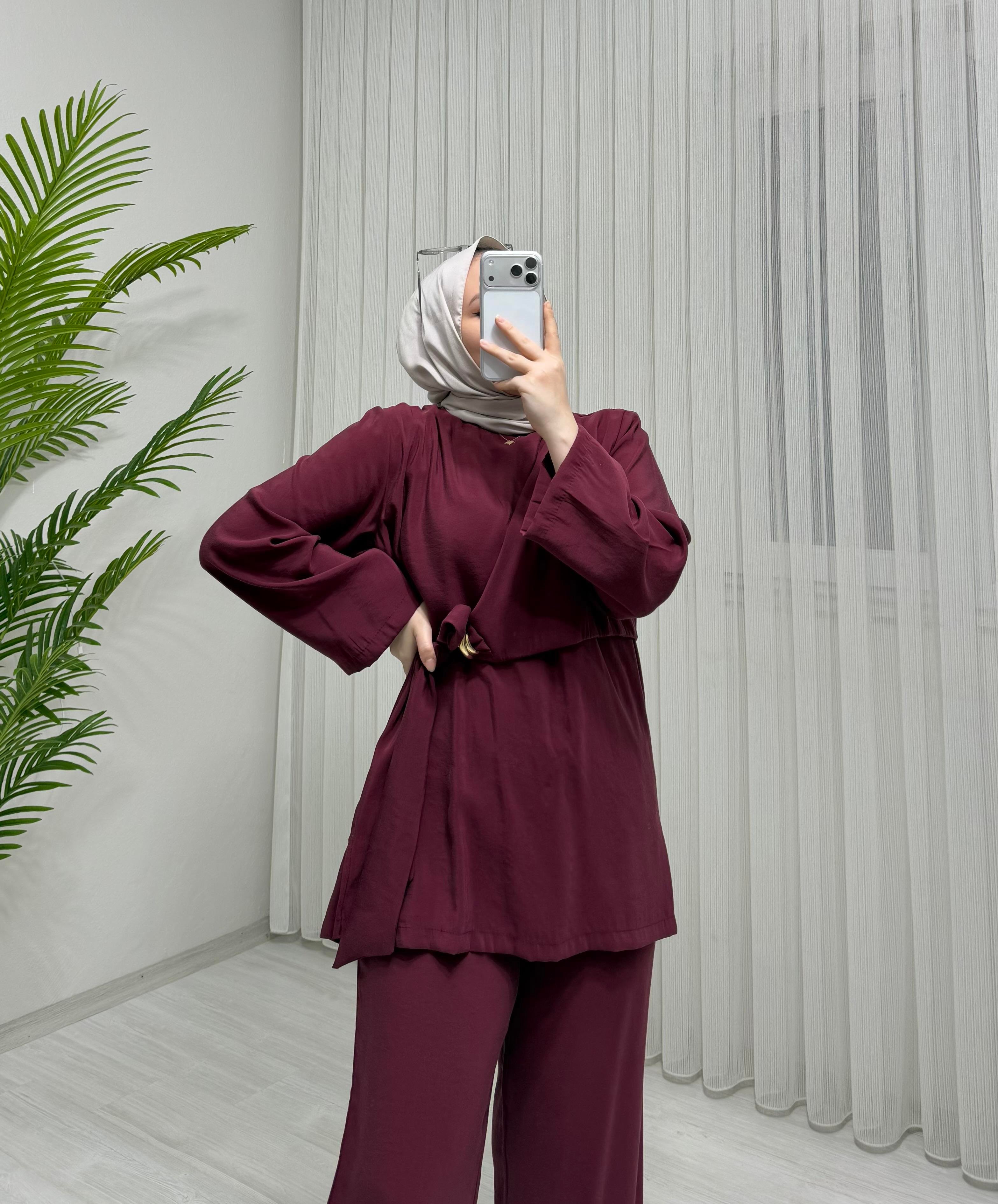 Newshe Modal Kumaş Pantalonlu Takım Bordo