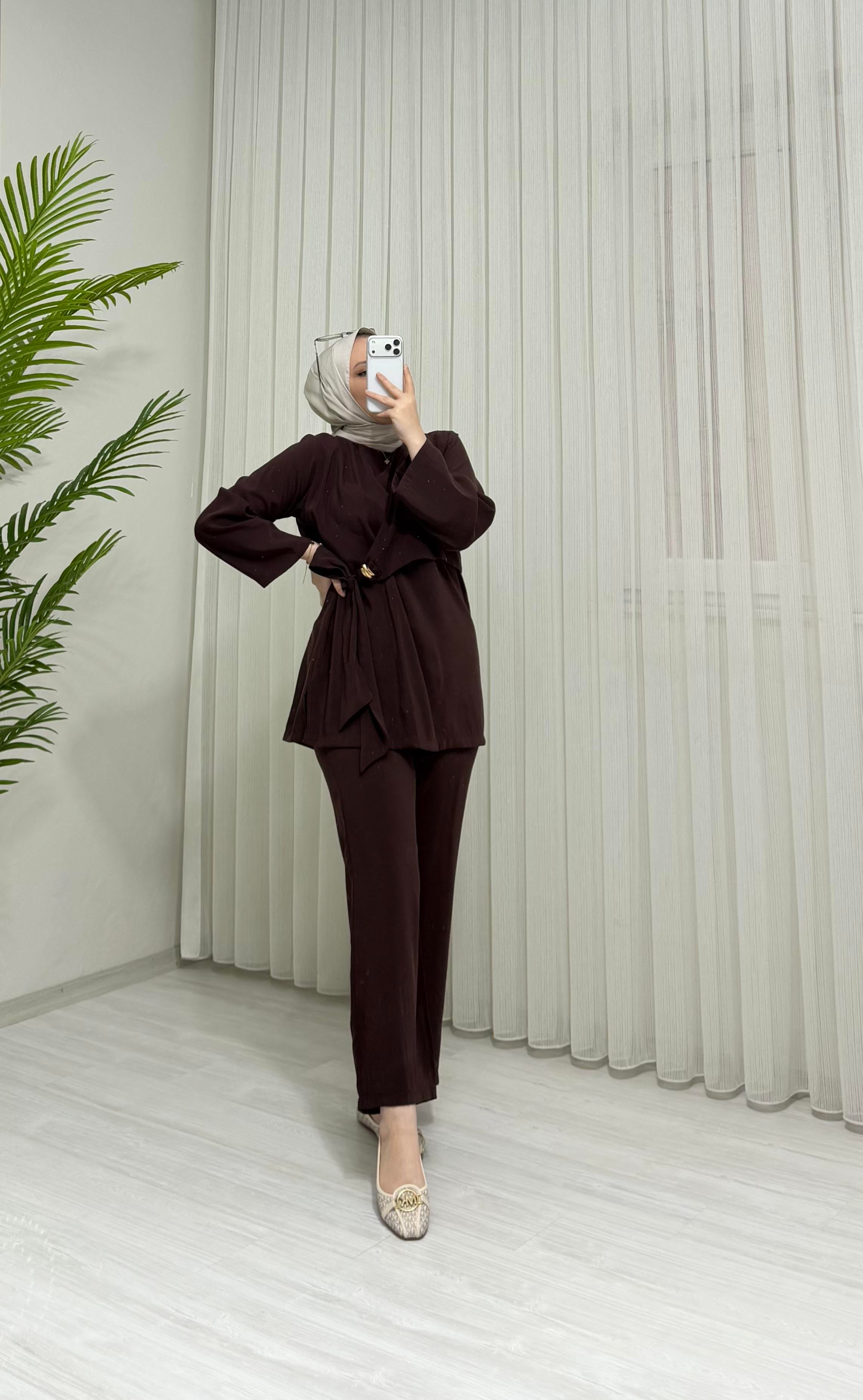 Newshe Modal Kumaş Pantalonlu Takım Kahve