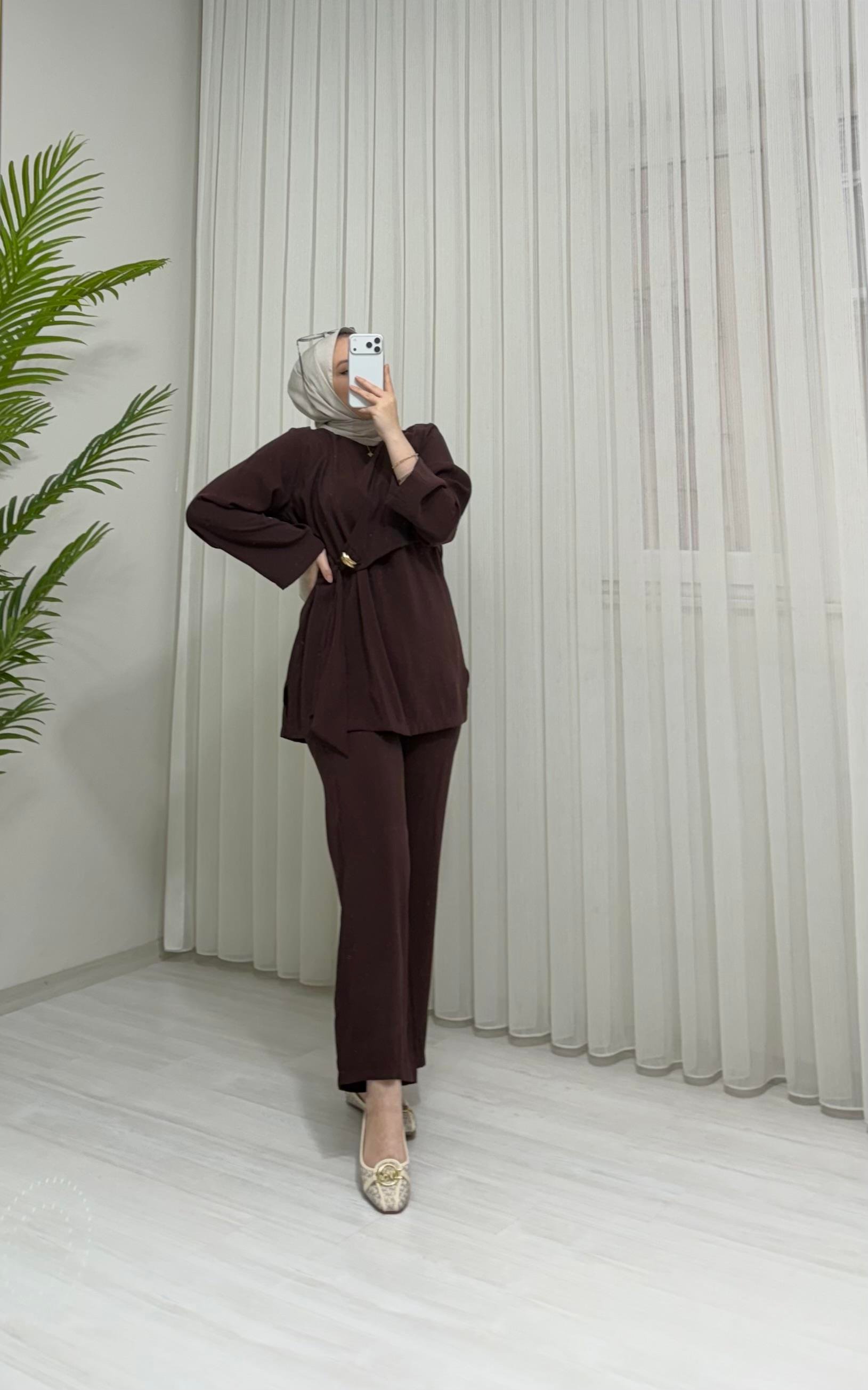 Newshe Modal Kumaş Pantalonlu Takım Kahve