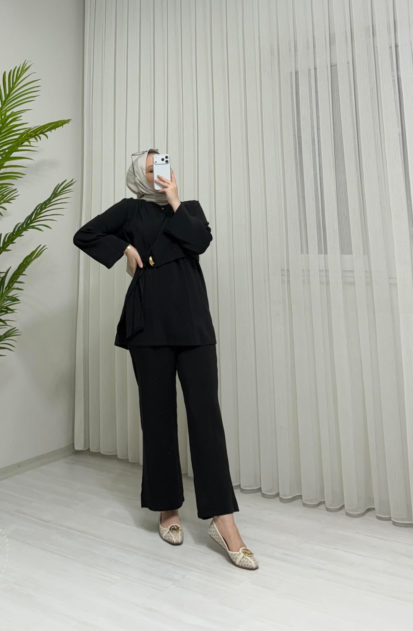 Newshe Modal Kumaş Pantalonlu Takım Siyah