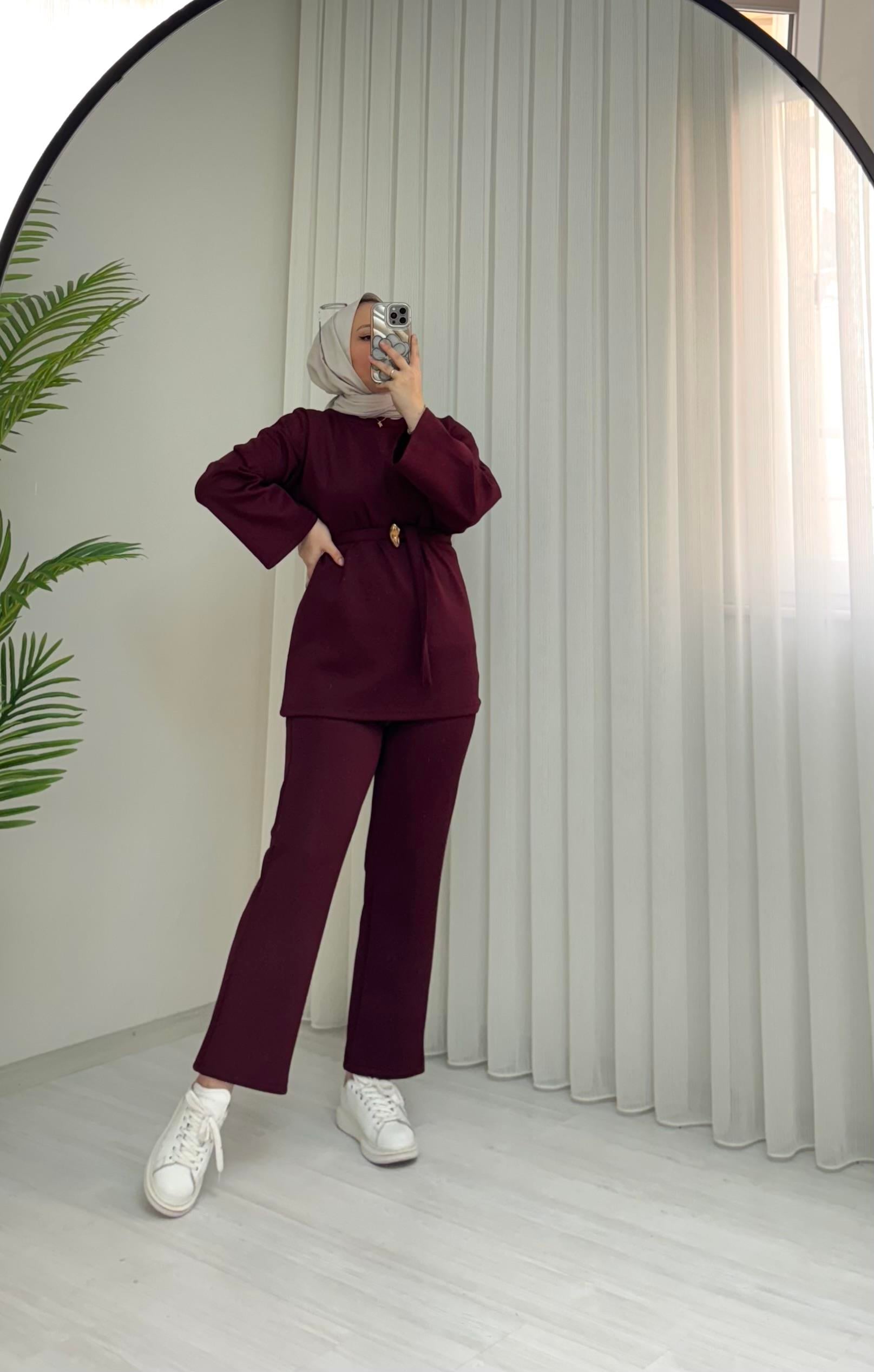 Newshe Scuba Golt Düğmeli Düz Takım Bordo