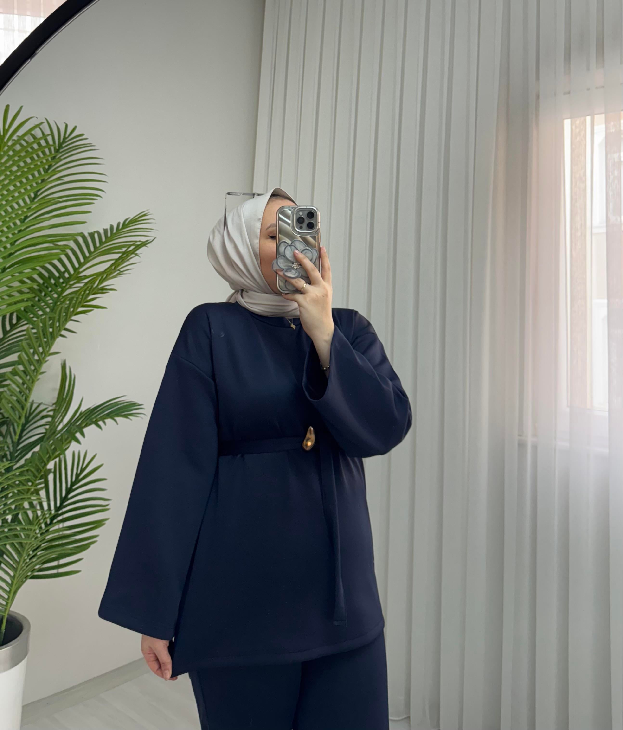 Newshe Scuba Golt Düğmeli Düz Takım Lacivert
