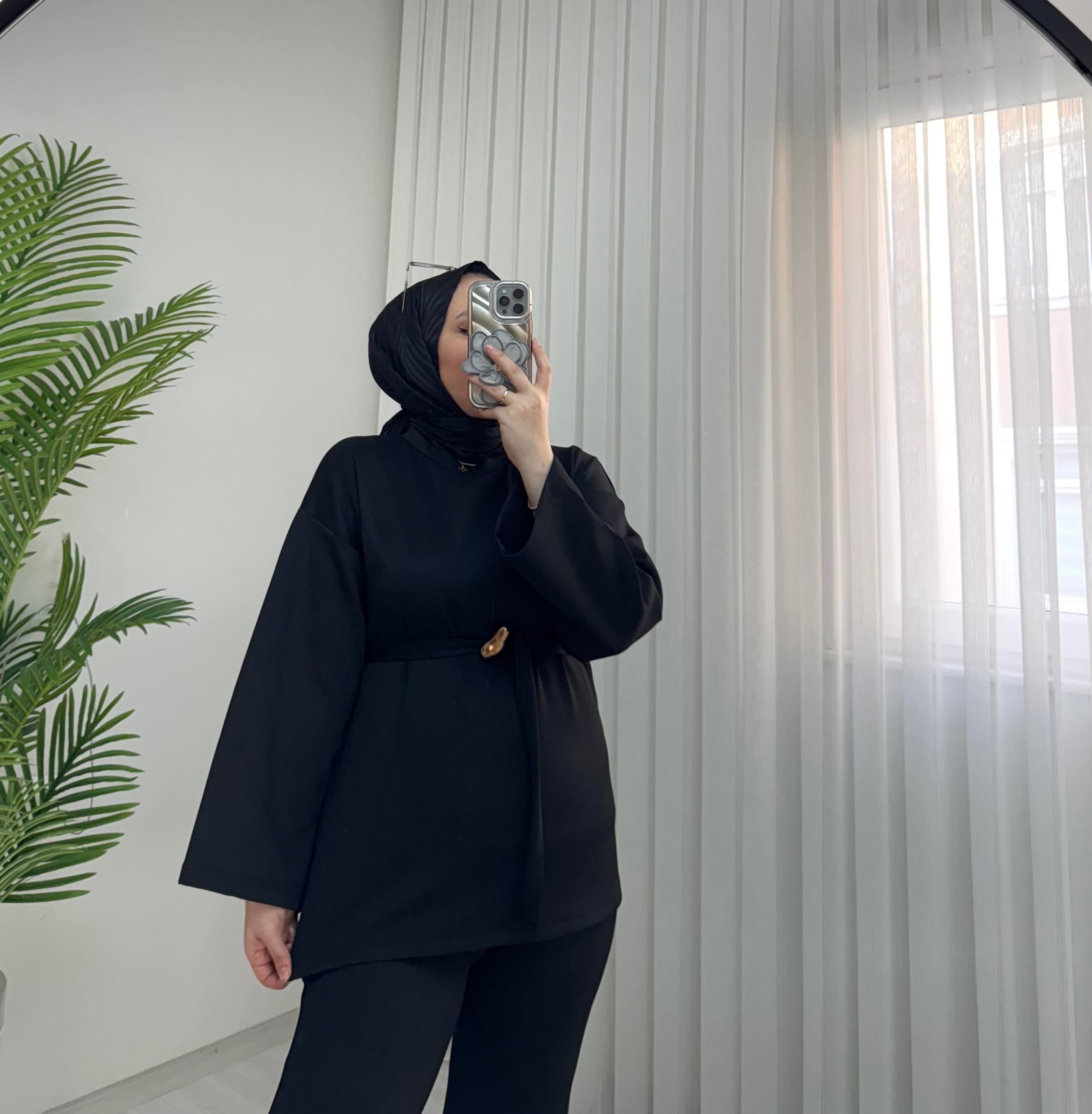 Newshe Scuba Golt Düğmeli Düz Takım Siyah