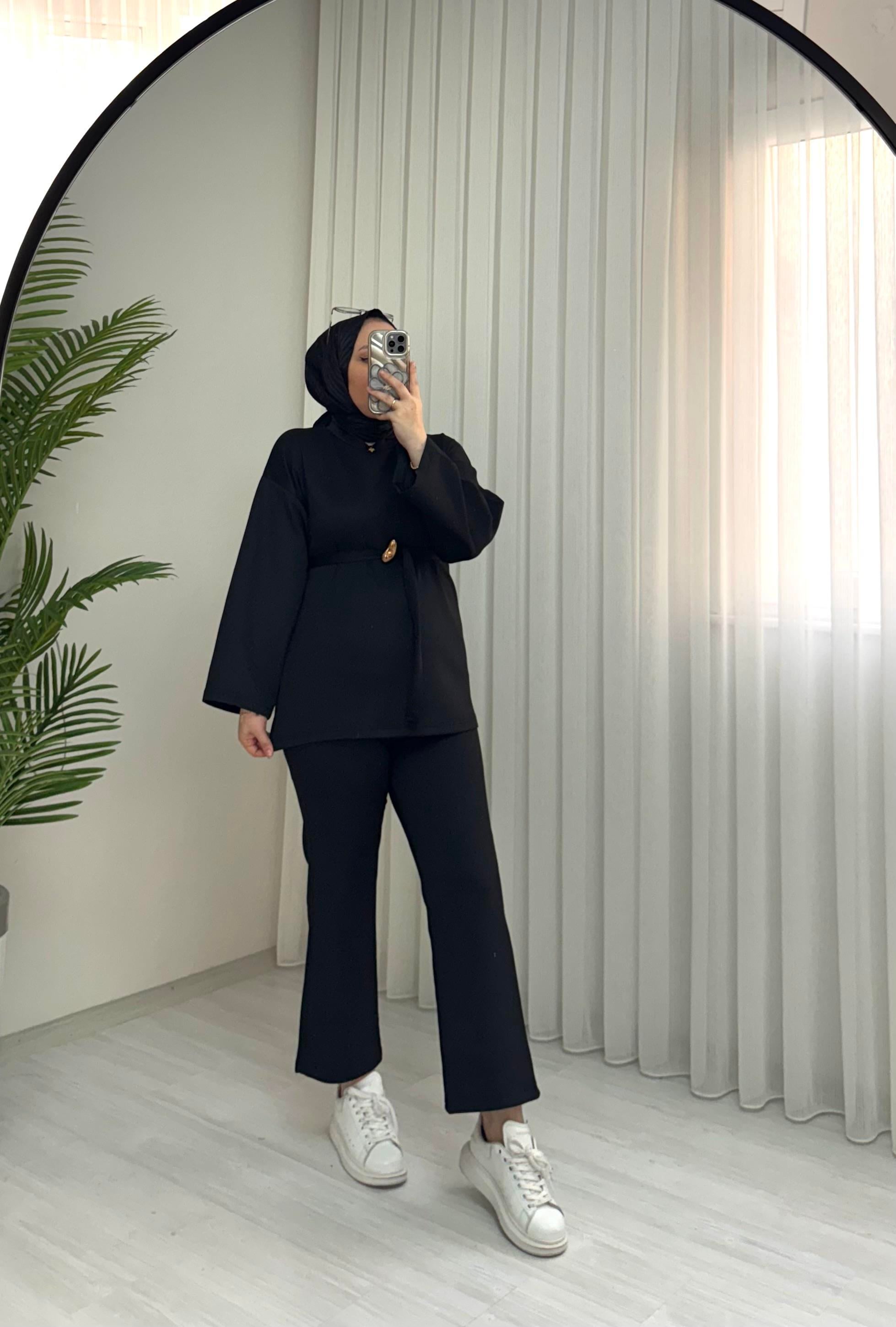 Newshe Scuba Golt Düğmeli Düz Takım Siyah